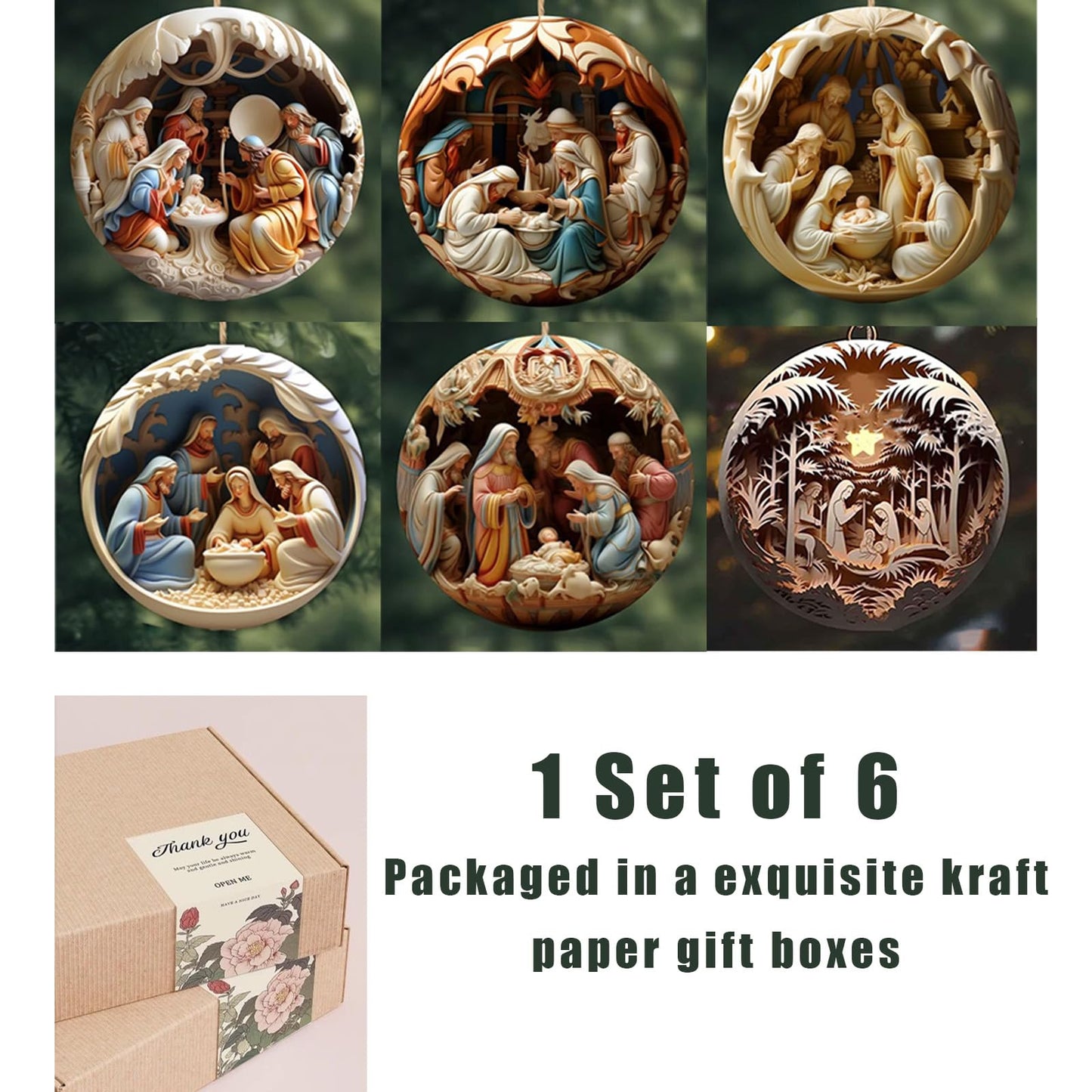 6 Pack Nativity Scene Ornaments - 3.15'' Diameter & Gifts Boxed Keepsake | Christmas Tree Nativity Scene Hanging Ornaments, The Birth of Jesus Decor, Religious Gifts for Christian & Family