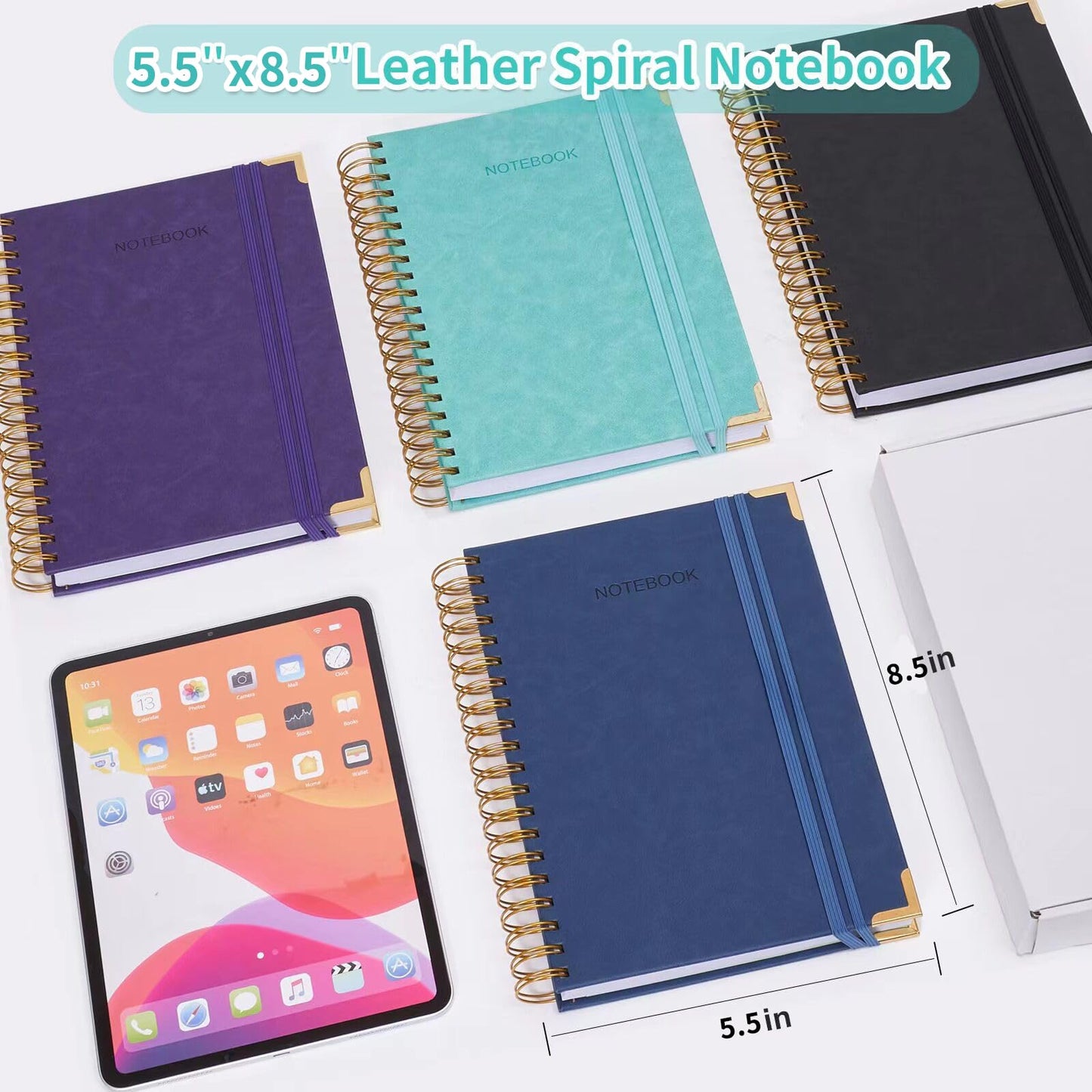 Spiral Notebook, 365 Page Hardcover Leather Notebook Journal, Large A5 Lined Journal for Women Men, College Ruled Notebooks for Work School, Journals for Writing, 24pcs Index Tabs, 5.5" x 8.5", Black