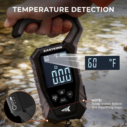 KastKing Weighmaster Mechanical-Digital Fishing Scale with Lip Gripper, 120 lb Capacity, 2.5" Backlit Display, High-Precision Sensor, 9 Weight Memory, Temperature Detection, IPX6 Waterproof