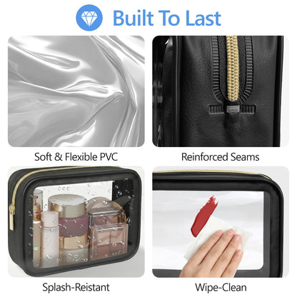 PACKISM 2 Pack Clear Makeup Bag Set (1 Large 1 Medium) - Foldable TSA Approved Toiletry Bag for Carry-on & Checked Luggage, Water Resistant Car Storage Organizer, Black