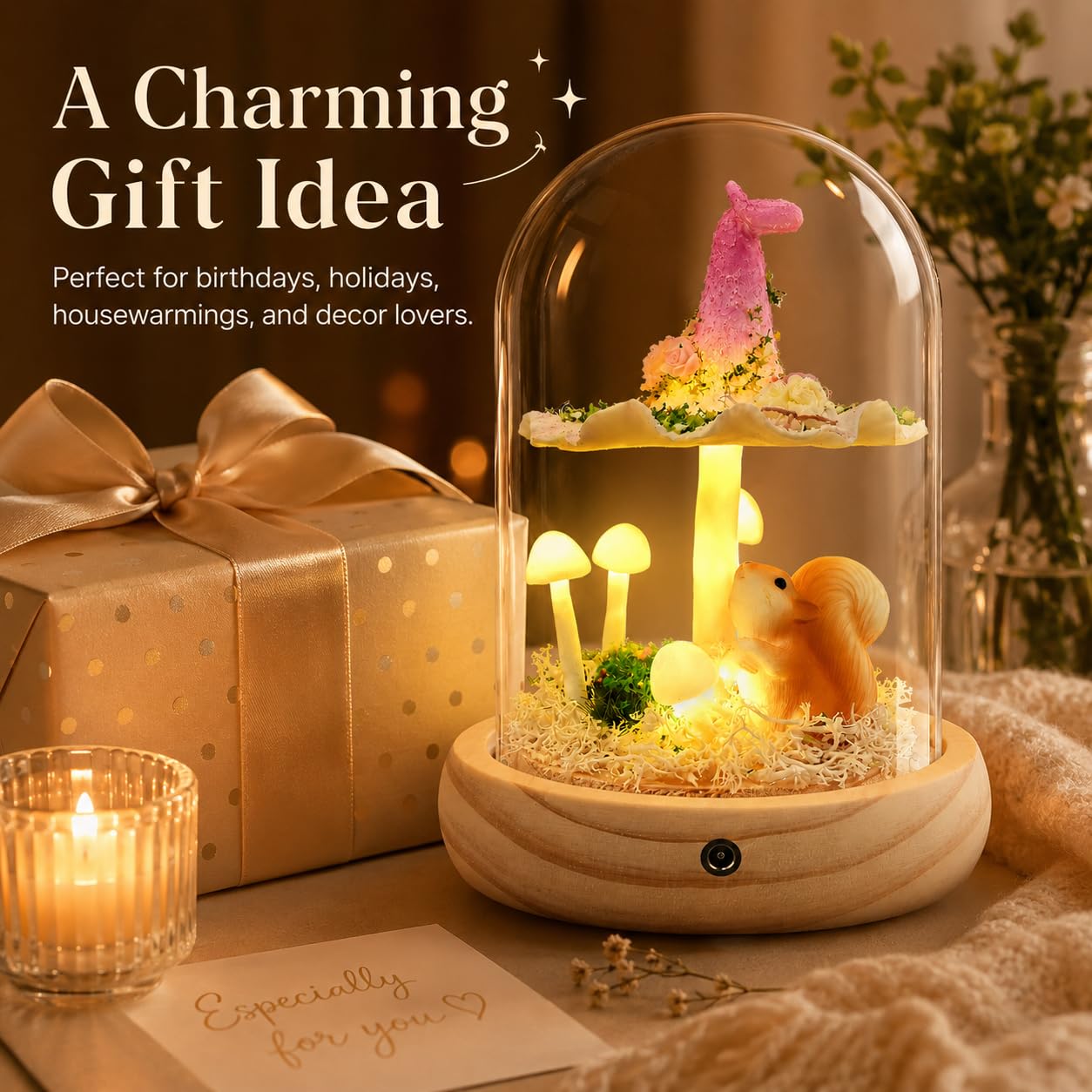 QUELIEN Mushroom Lamp in Glass Dome,Mushroom Gifts for Women - Warm LED Night Light for Bedroom Decor,Birthday Party Decorations,Ideal Birthday Gift Valentines Gift