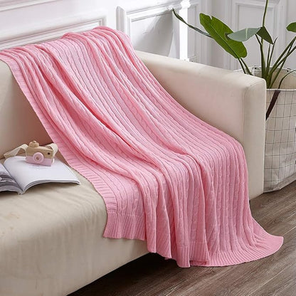 NTBAY 100% Pure Cotton Cable Knit Throw Blanket, Super Soft Warm 51x67 Knitted Throw Blanket for Couch, Sofa, Chair, Bed - Extra Cozy, Machine Washable, Comfortable Home Decor, Pink