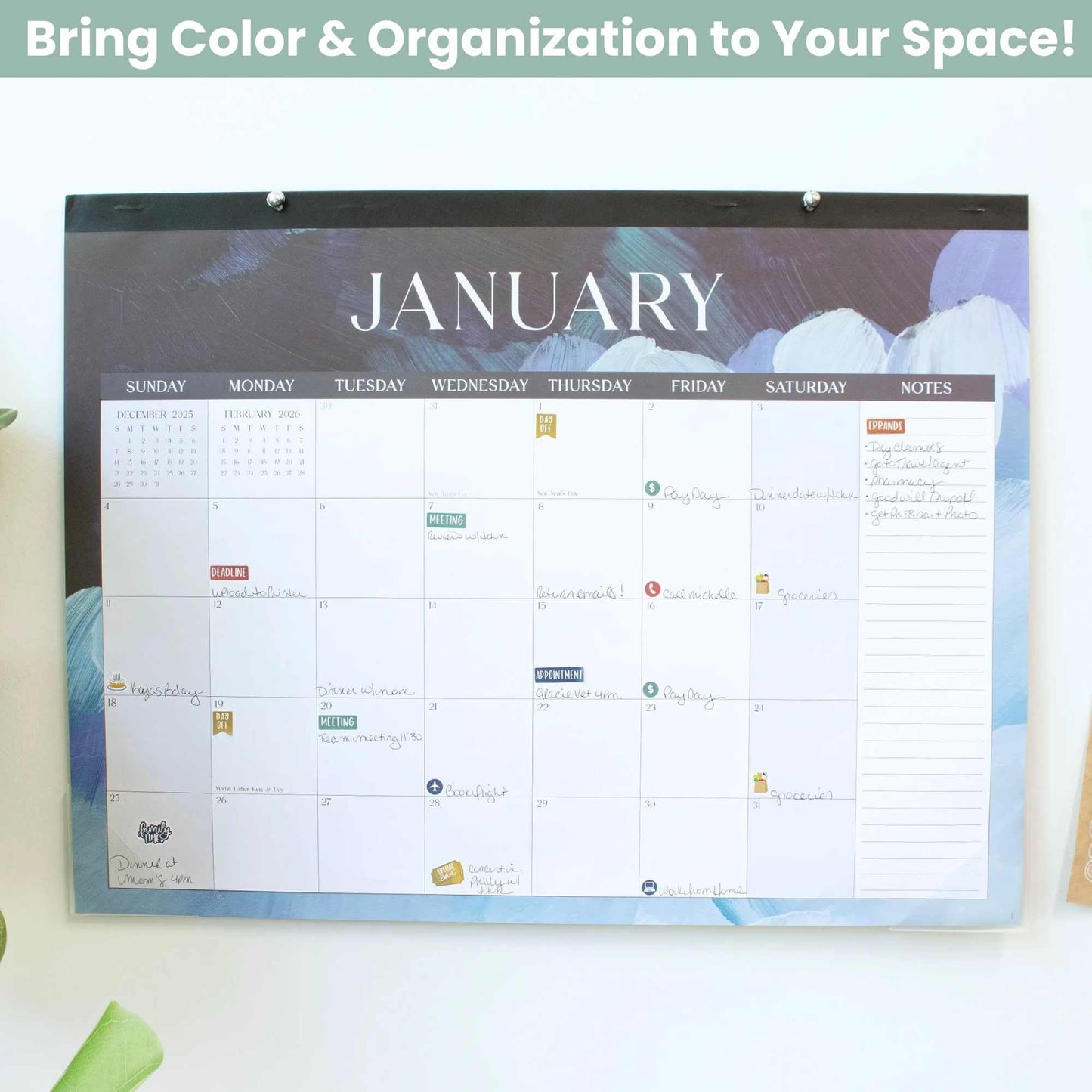 bloom daily planners 2026 Desk Calendar - January to December Large Wall Calendar - 21” x 16” Desktop & Hanging Monthly Planner with Stickers for Home or Office - Paint Strokes