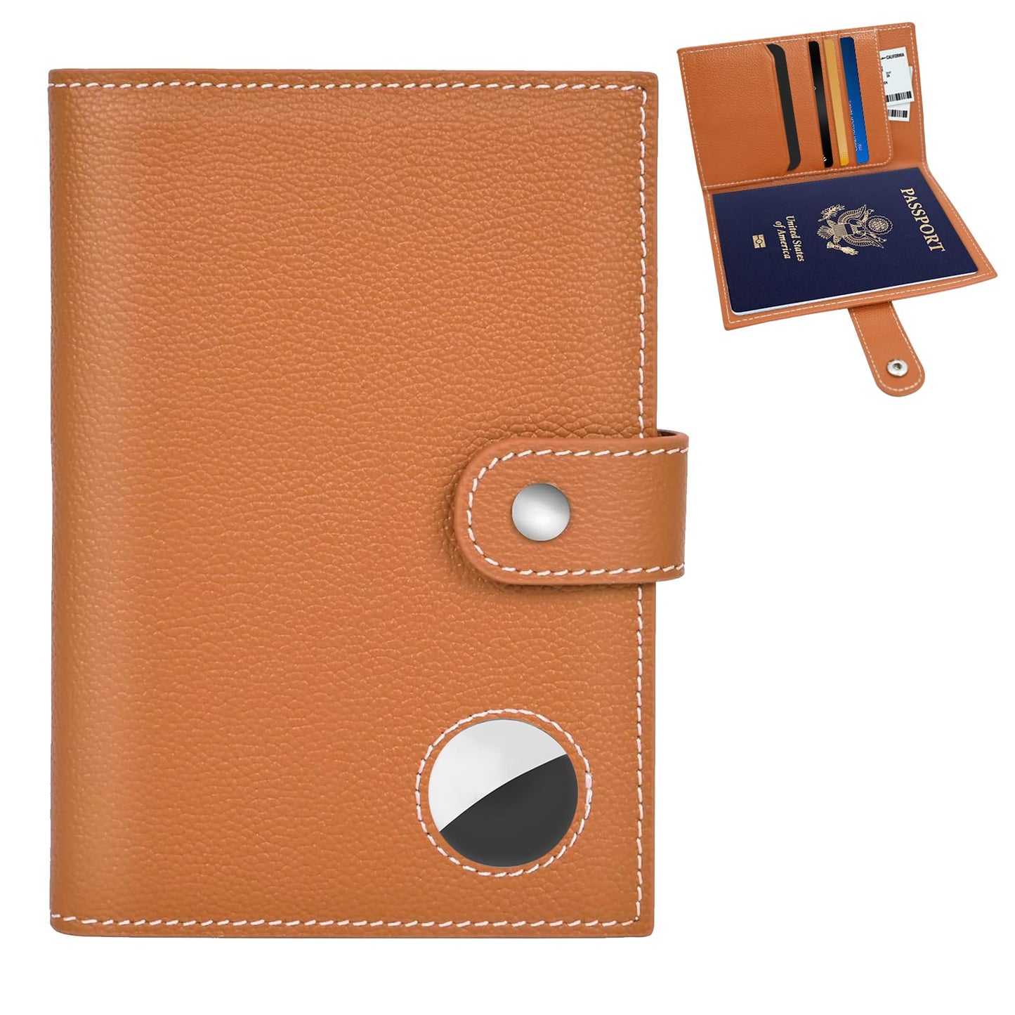 Genuine Leather Passport Holder for Travel, RFID Blocking Passport Wallet with Tracker Holder, Slim Passport Cover Travel Wallet for Women Men, Airport Essentials (Brown)