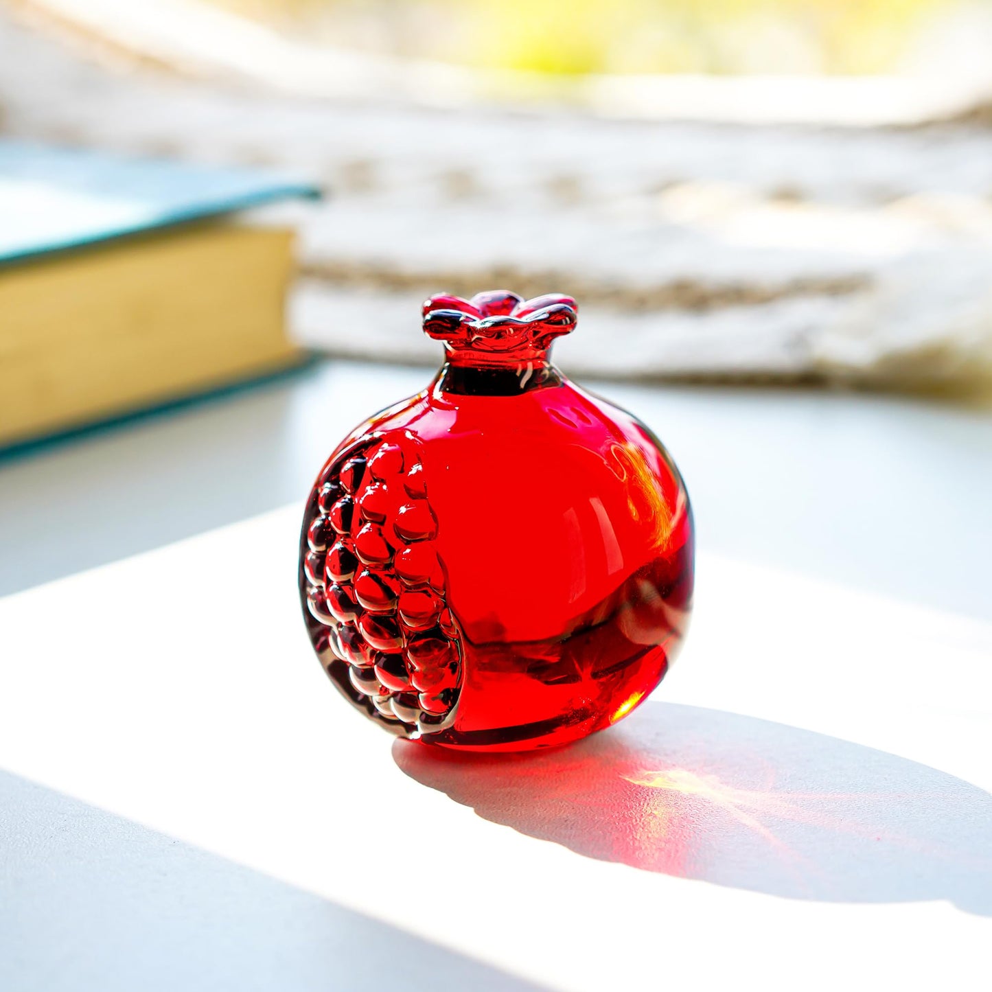 KRISININE Crystal Pomegranate Figurine Glass Pomegranate Artificial Fruit Paperweight for Home Office Tabletop Decor