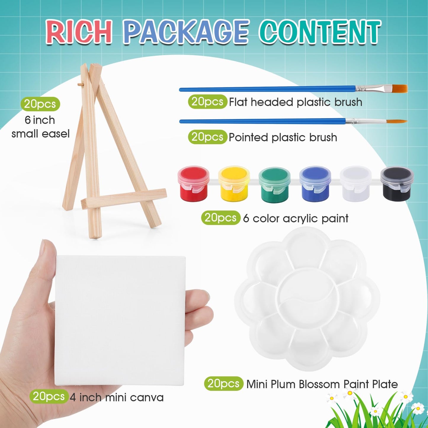 ESRICH 20 Set Mini Canvas Painting Kit, Minis Acrylic Paint Set, Valentines Day Gifts,4*4in Stretched Canvas with Easel, Acrylic Paints,Brushes,Palette,Mini Easel Canvas for Kids Adults Painting Party