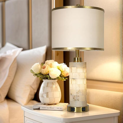 27" Natural Alabaster Table Lamps Set of 2, Lamps for Living Room Bedroom,Bedside Lamps with Night Light,Nightstand Lamp with USB A+C Ports,Modern Table Lamp with Linen Shade (Bulbs Included)
