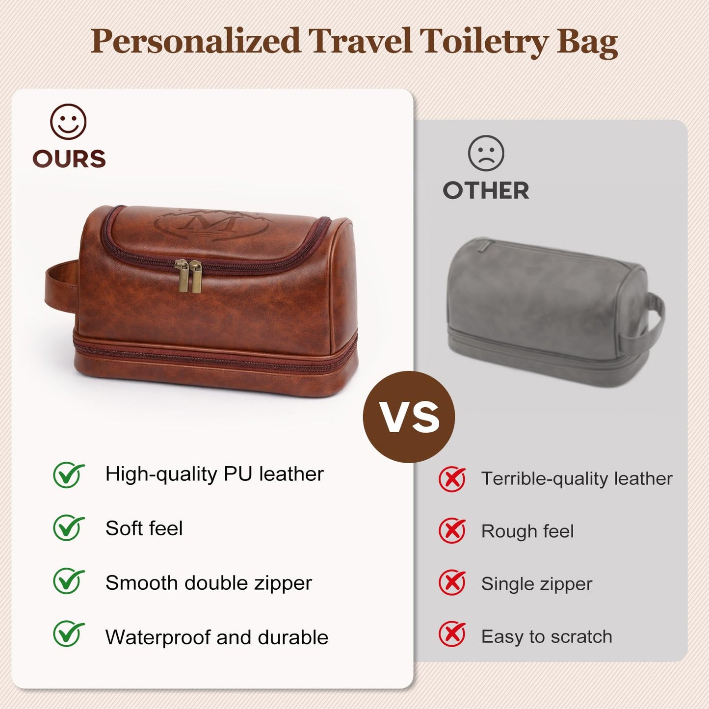 Ecttunafe Personalized Gifts Travel Toiletry Bag for Men, Engraved Monogrammed Initial PU Leather Waterproof Shaving Bag with Hook, Best Birthday Gifts Choice for Men Dad Husband Groomsmen Adults,M