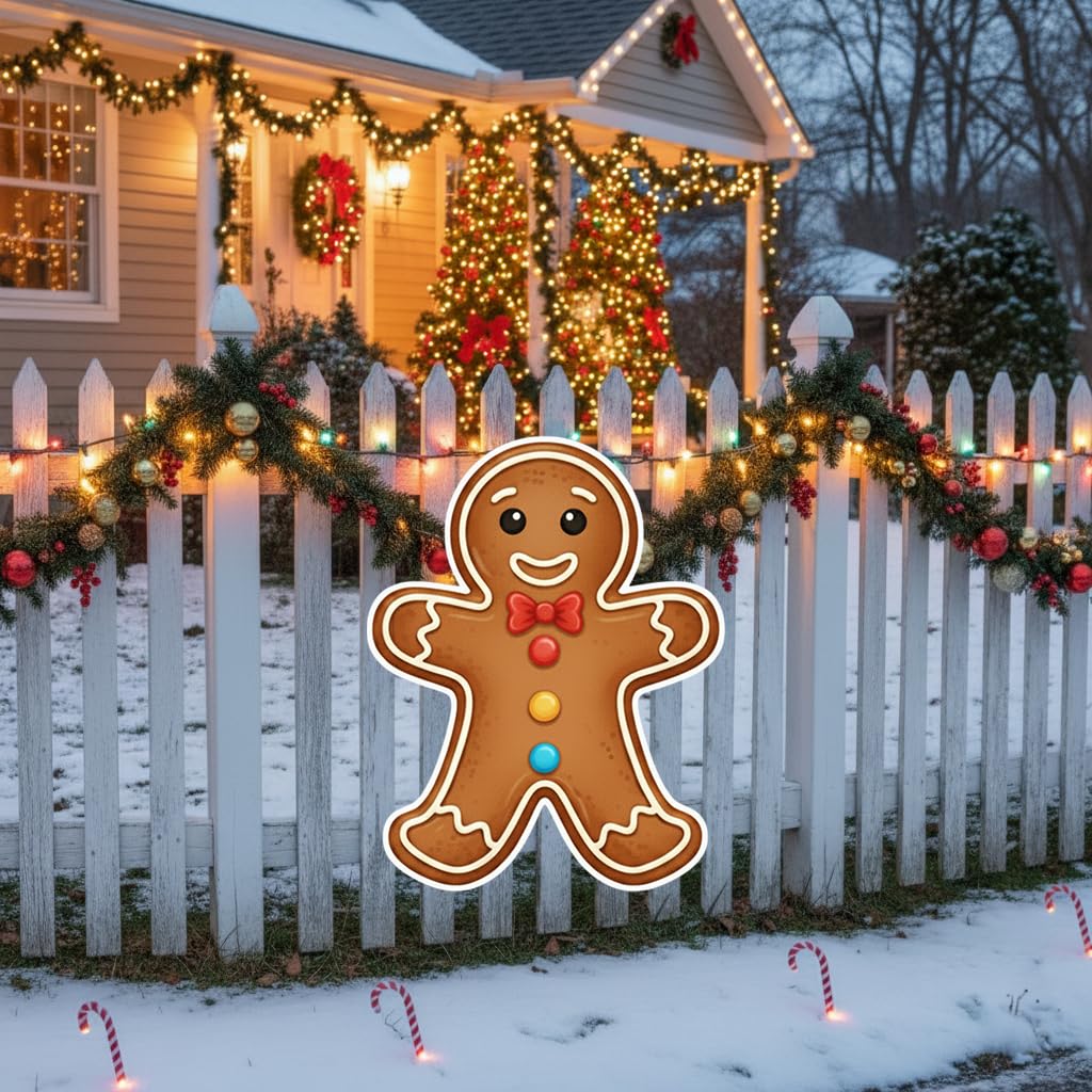 Christmas Gingerbread Man Ginger Bread Classic Yard Sign for Home Decor and Lawn Decoration With Stakes, Green Merry Christmas Sign Tree Cookie (Red)