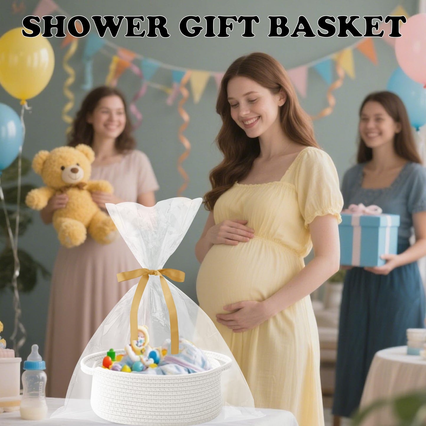 HZFTJOY 2 Pack Small Woven Rope Basket-Empty Gifts Basket with Bag and Ribbons,Cute Handle Organizer Box for Birthday/Baby Shower, Toy Storage, Nursery Organizing & Shelf Decor(White)