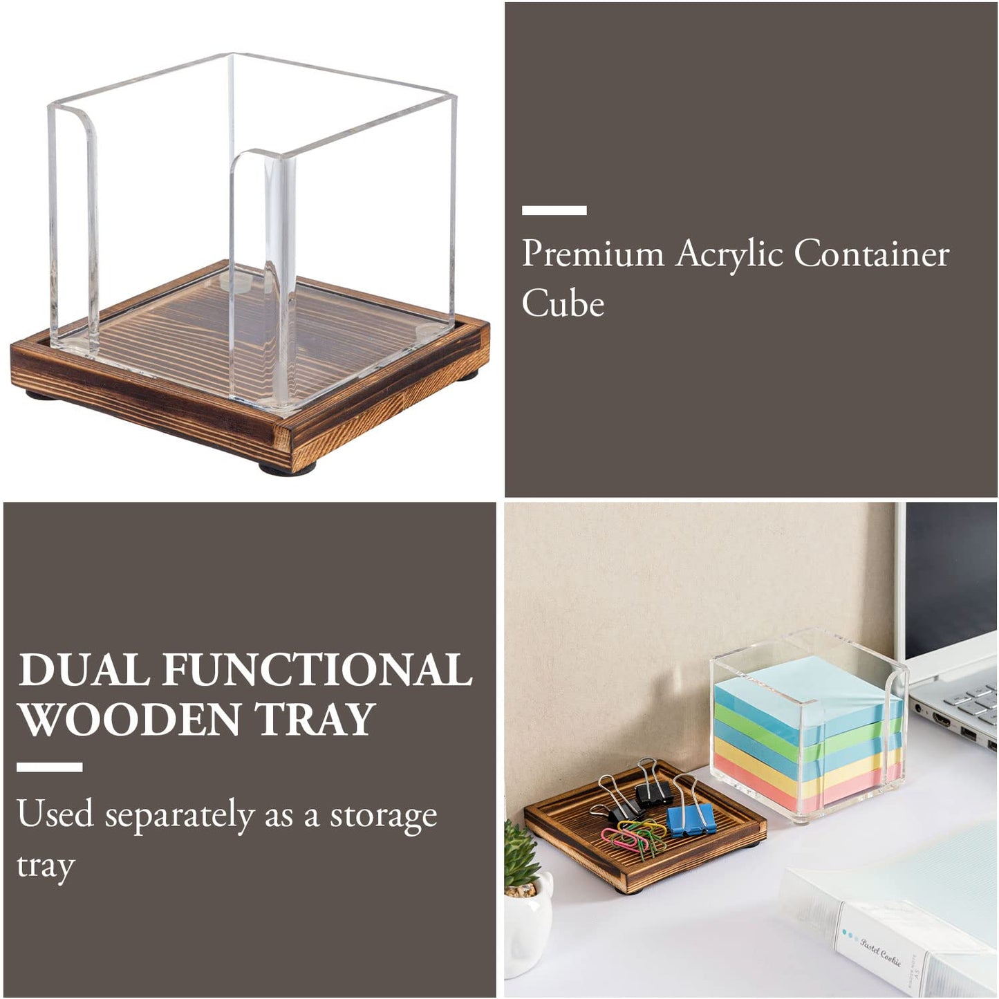 MyGift Acrylic Sticky Note Holder Dispenser with Removable Rustic Burnt Solid Wood Tray, 3-Inch Square Office Desktop Self-Stick Memo Pad Storage Cube