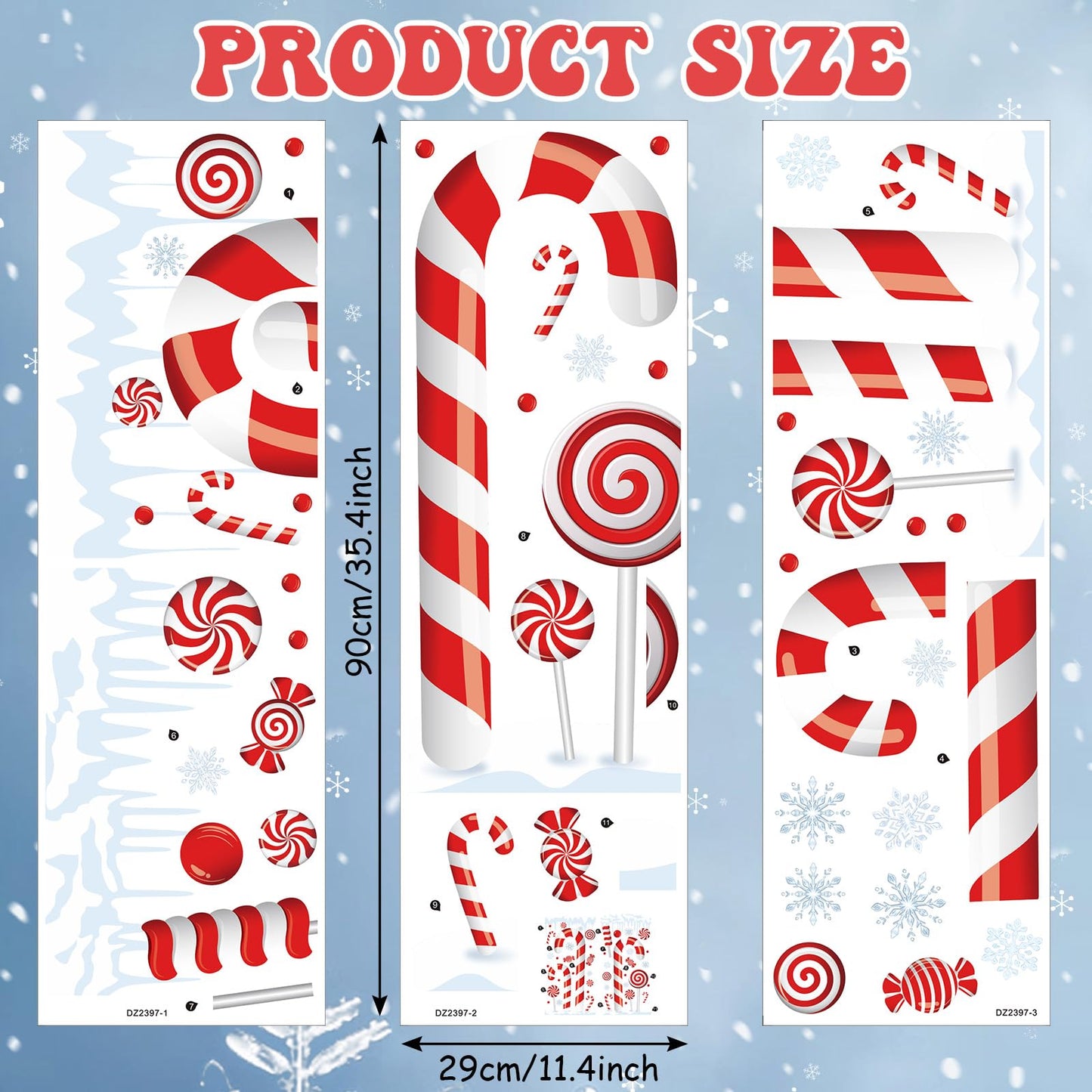 Solsew 3 Sheet 35.4 x 11.4 Inch Extra Large Christmas Candy Cane Window Clings with Snowflake and Ice Stereo Candy Snowflakes Christmas Window Stickers for Xmas Home Office Decor Winter Decoration