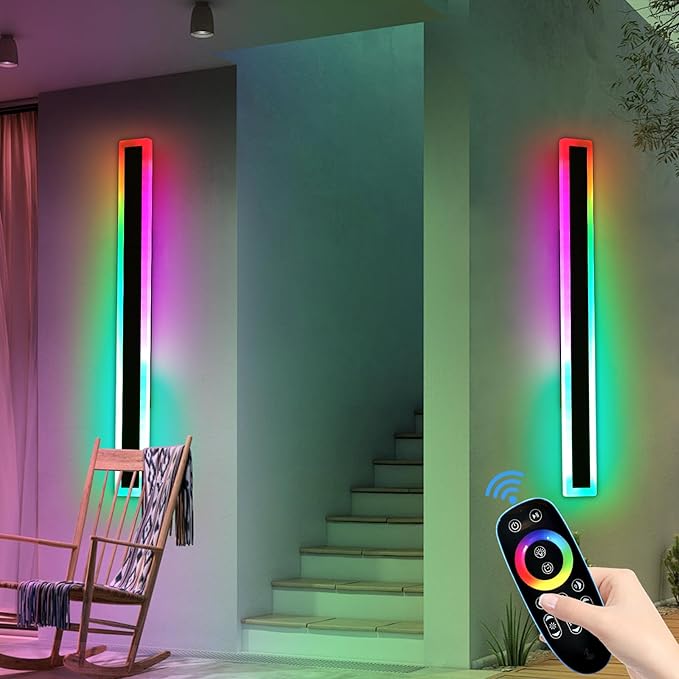 2 Pack Long LED Outdoor Wall Light, 47.2inch Dimmable Modern Wall Sconce, RGB Color Changing, IP65 Waterproof, Exterior Lighting Fixture for Porch, Patio, Garage, Yard, with Remote Control