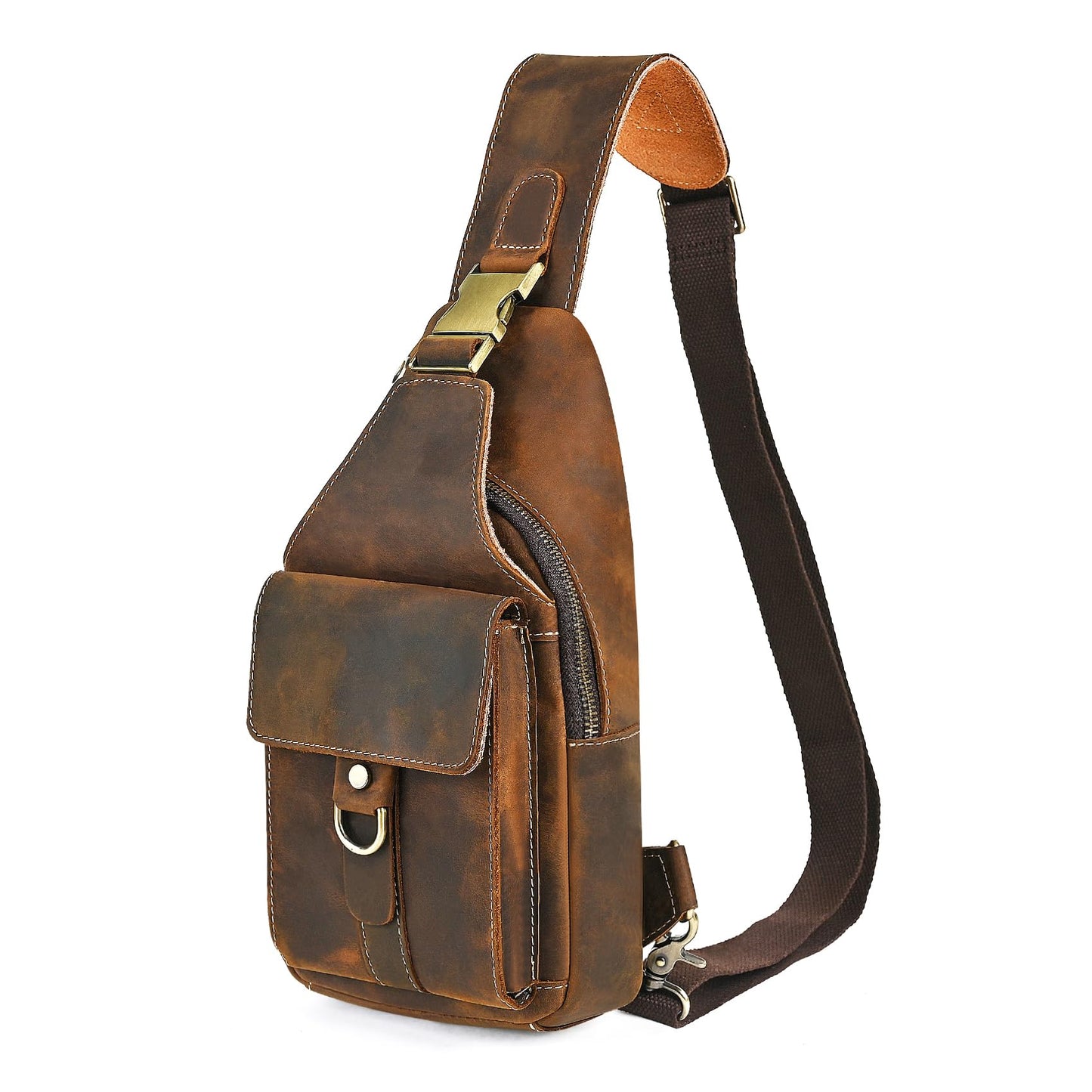 Handadsume Genuine Leather Hiking Travel DayPack Sling Crossbody Triangle Chest Pack Bag For Men Women 8241 (Coffee 258204)