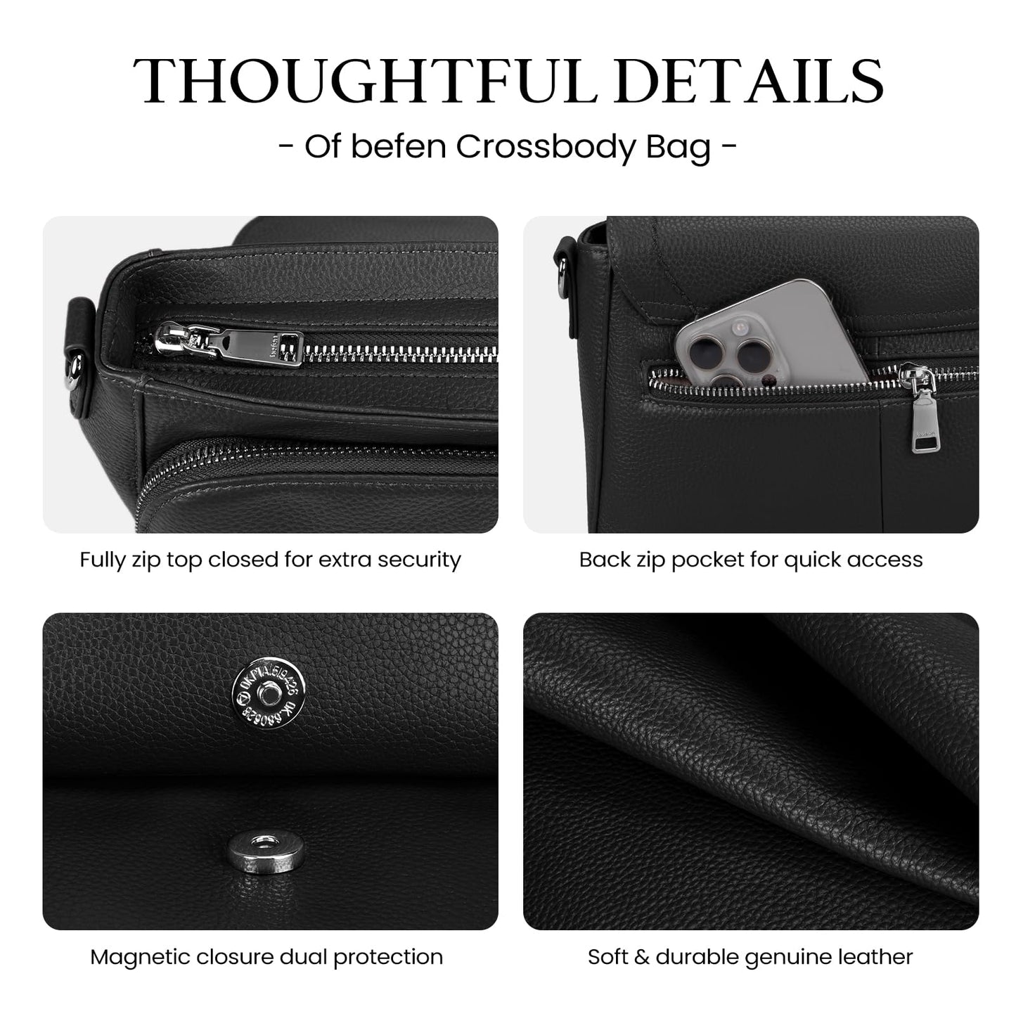 befen Black Genuine Leather Crossbody Bags for Women Medium Womens Saddle Bag Cross Body Purse with Built in RFID Blocking Wallet
