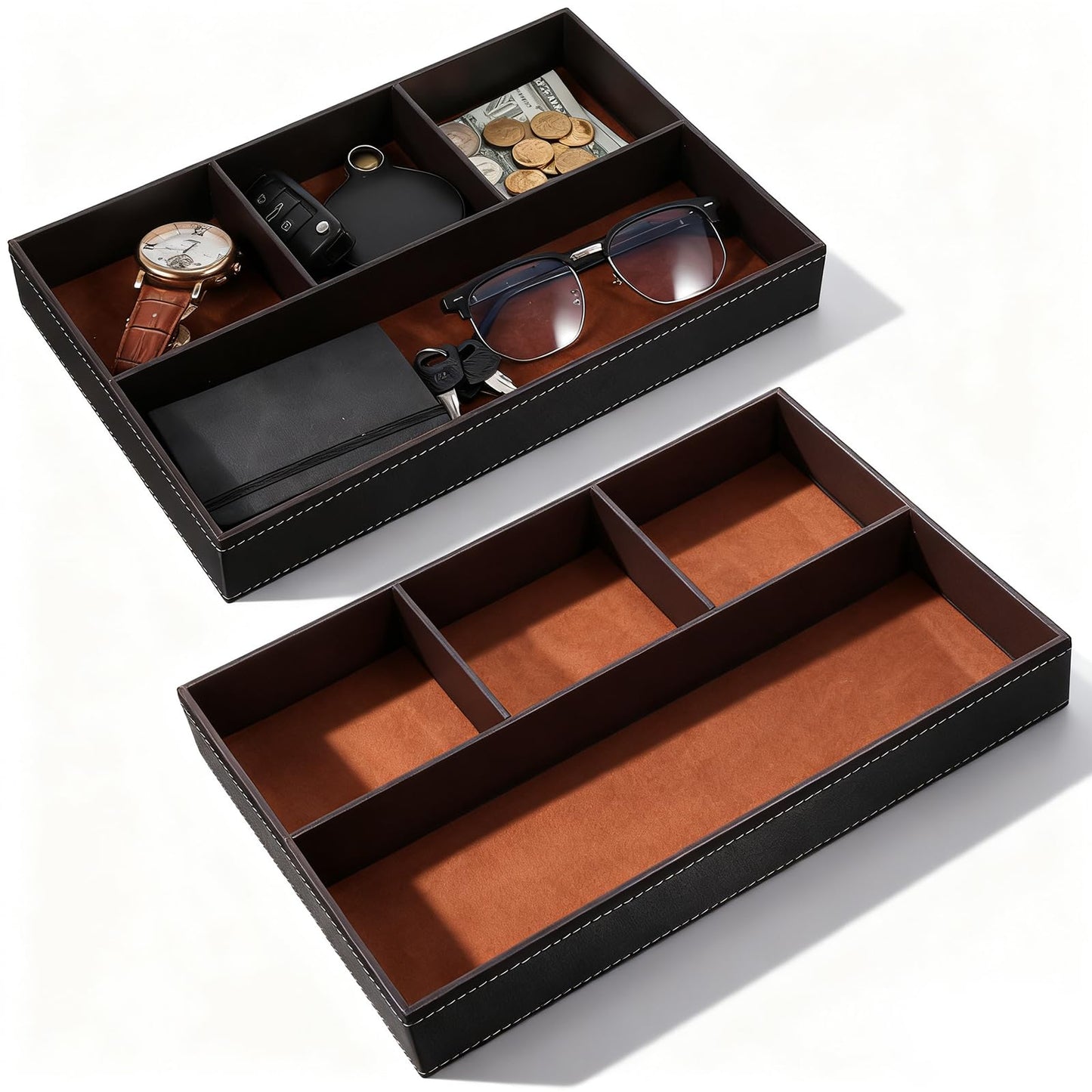 Caeuiciw 2 Pieces Faux Leather Valet Tray for Men, Stackable Jewelry Trays for Drawers, Mens Dresser Top Organizer for Key, Wallet, Sunglass, Watch, Coin, Phone, Nightstand Bedside Tray Brown