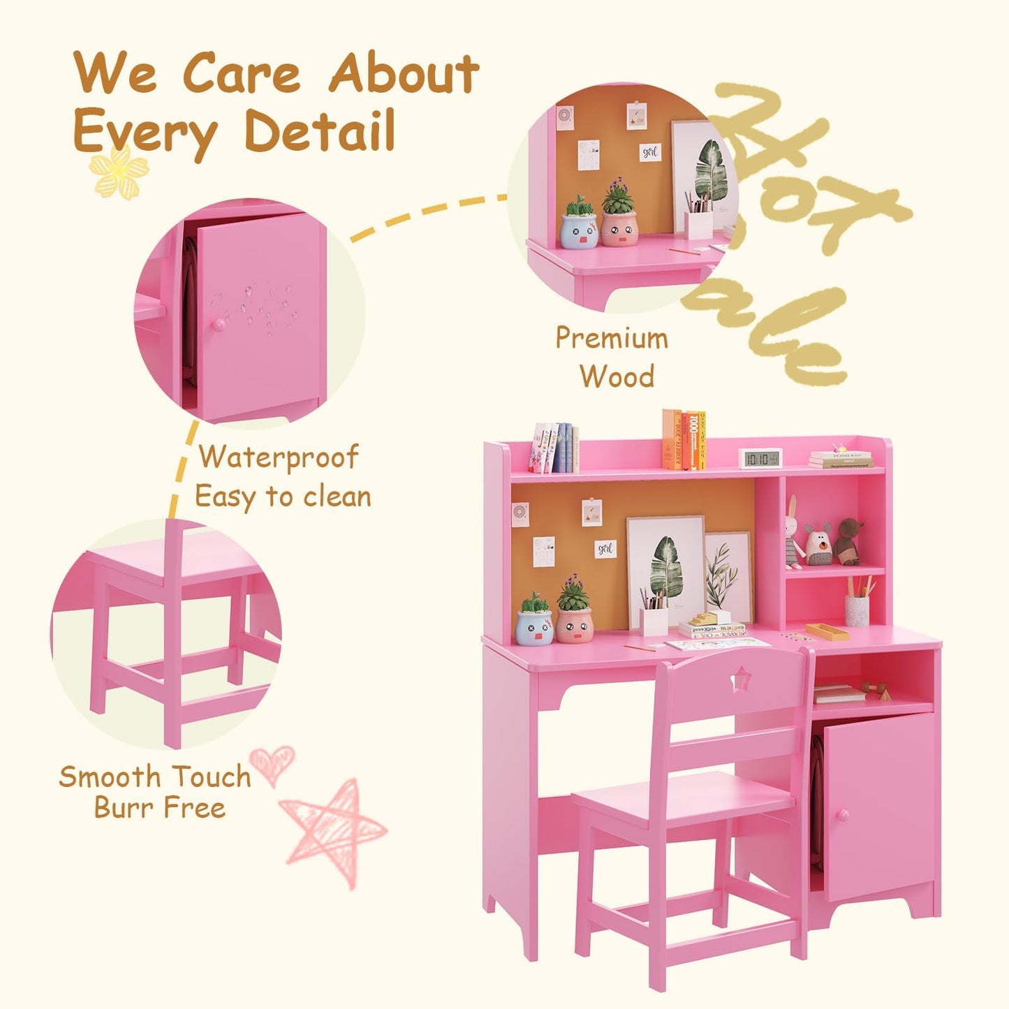 GAOMON Kids Desk & Chair Set with Hutch, Wooden Writing Table with Storage Cabinet for Kids Bedroom, Study Room, Computer Workstation, Pink