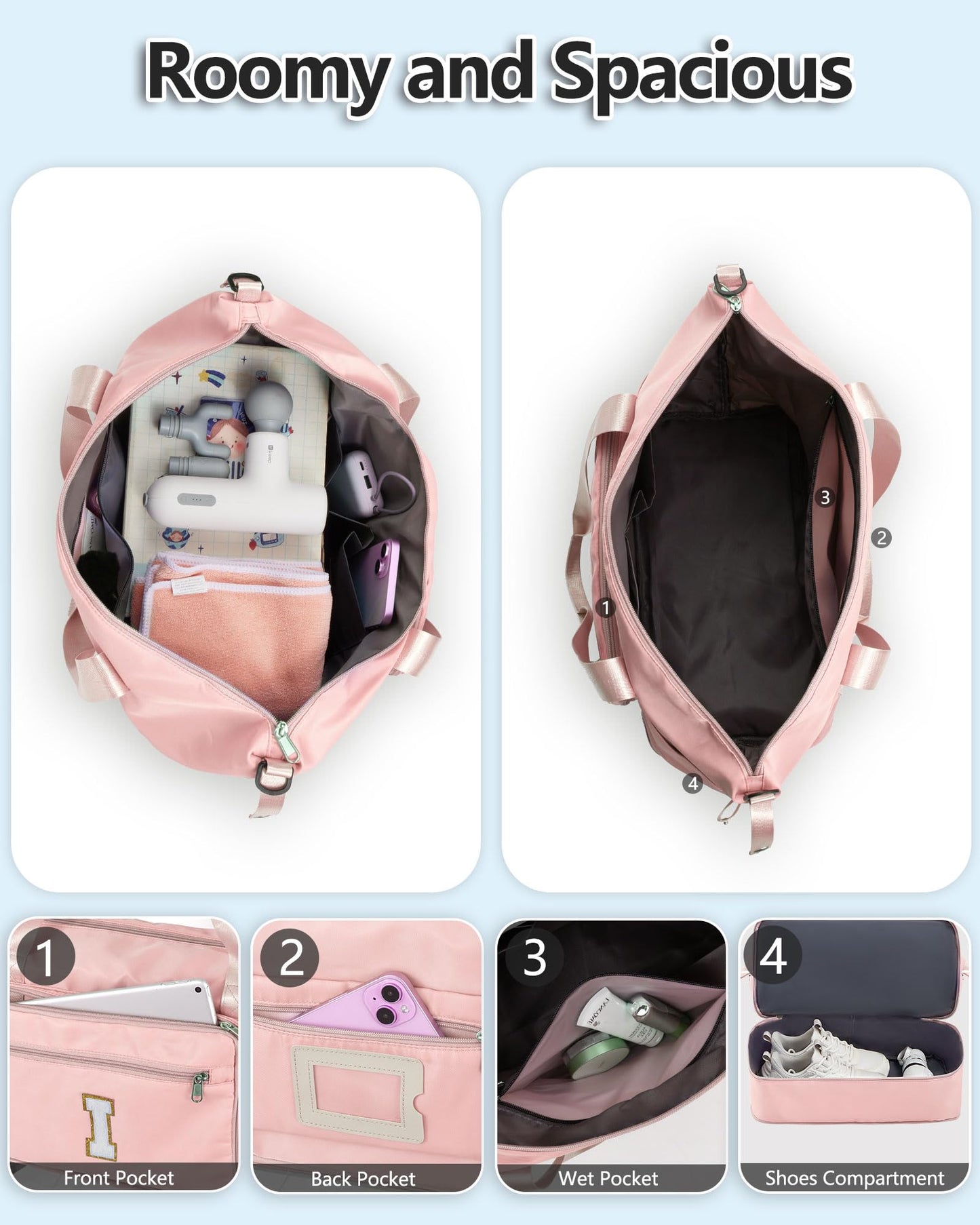 Teenage Girl Gifts, Weekender Bags for Women Travel, Initial Large Overnight Weekend Duffel Bags for Traveling with Shoe Compartment,GYM Duffle Bag for Kids Preteen Tween-Pink M