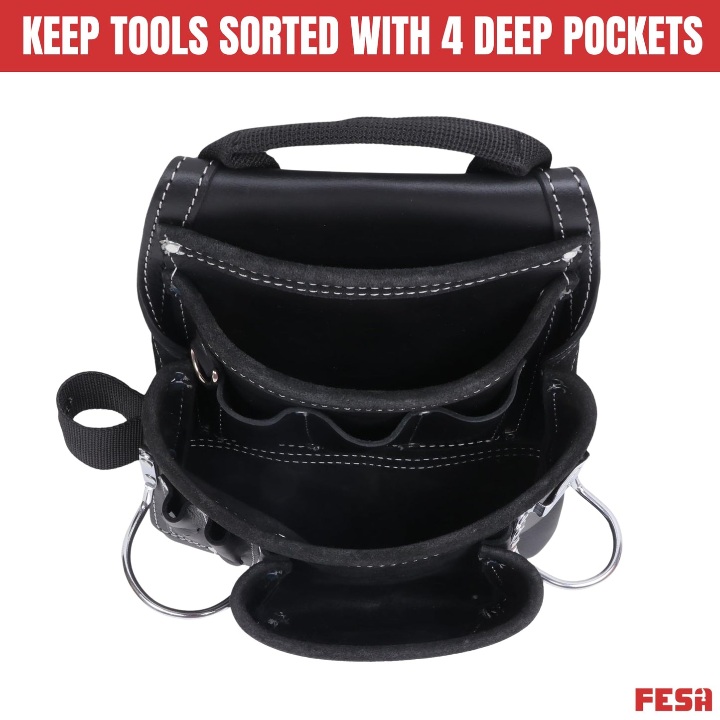FESA Leather Carpenter Tool Pouch - 10-Pocket Heavy Top Grain Leather Carpenter Pouch with 2 Hammer Loops, Large & Small Pockets - Fits Work Belts up to 3" - Handcrafted (Black, Mexico)