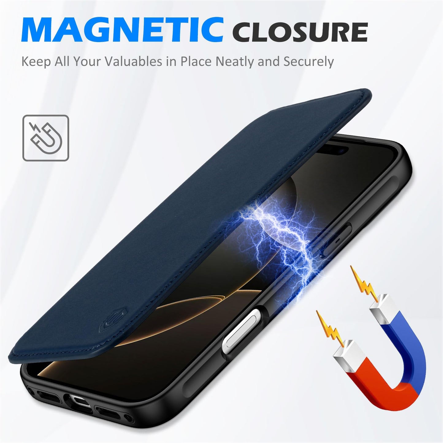 SHIELDON Genuine Leather Slim Wallet Case for iPhone 17 Pro Max 6.9 Inch 2025 | Flip | RFID Blocking Credit Card Slot | Magnetic Closure | Wireless Charging | Shock Absorbing Cover | Navy Blue