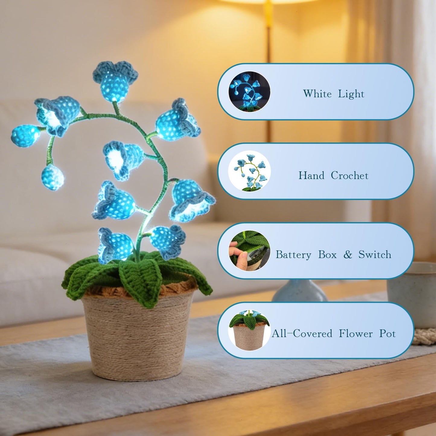 AVEKI Lily of Valley Lamp, Handmade Crochet Artificial Flower Lamp with Warm Light, Cute Desk Lamp for Bedroom, Battery Power Decor LED Night Light, Gift for Mom Daughter Girlfriend (Warm) (Blue)