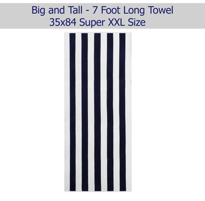 COTTON CRAFT Oversized Beach Towels - Set of 2 - XXL 35x84 The Big Kahuna 7 Foot Extra Large Beach Blanket Towel - Big & Tall - Huge 100% Cotton Velour Soft Luxury Pool Bath Towel - Cabana Stripe Navy