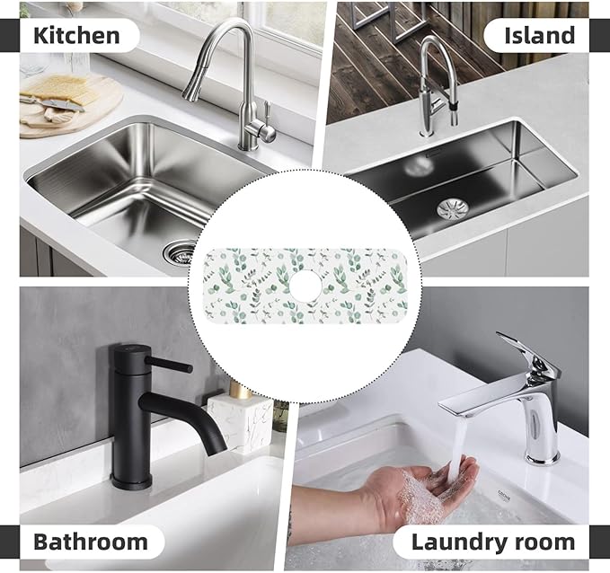 Watercolor Sage Green Grass Leaves Kitchen Sink Splash Guard Faucet Mat Super