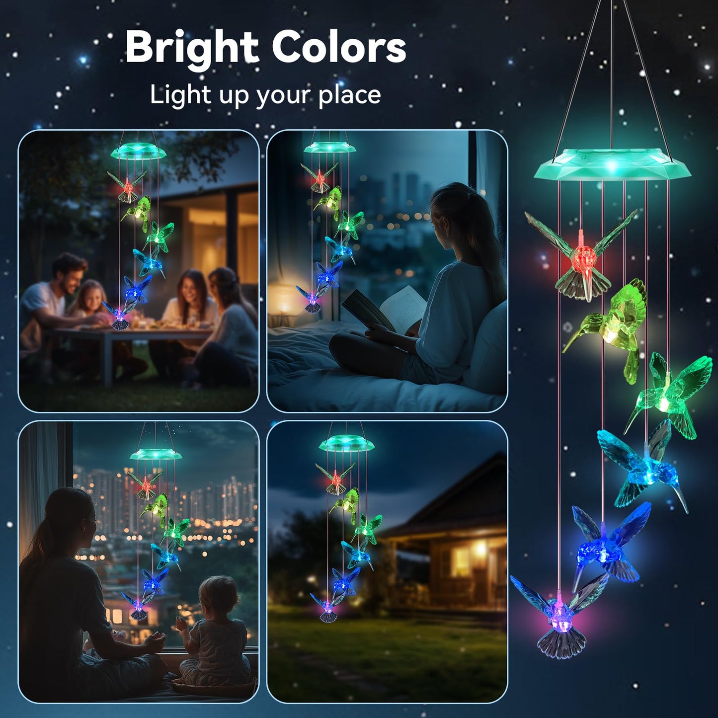 Wind Chimes,Hummingbird Solar Wind Chimes for Outside, Memorial Wind Bell for Garden/Patio Mobile Decorative Thanksgiving Gifts for Mom, Wife, Grandma Neighbors(Green 28")