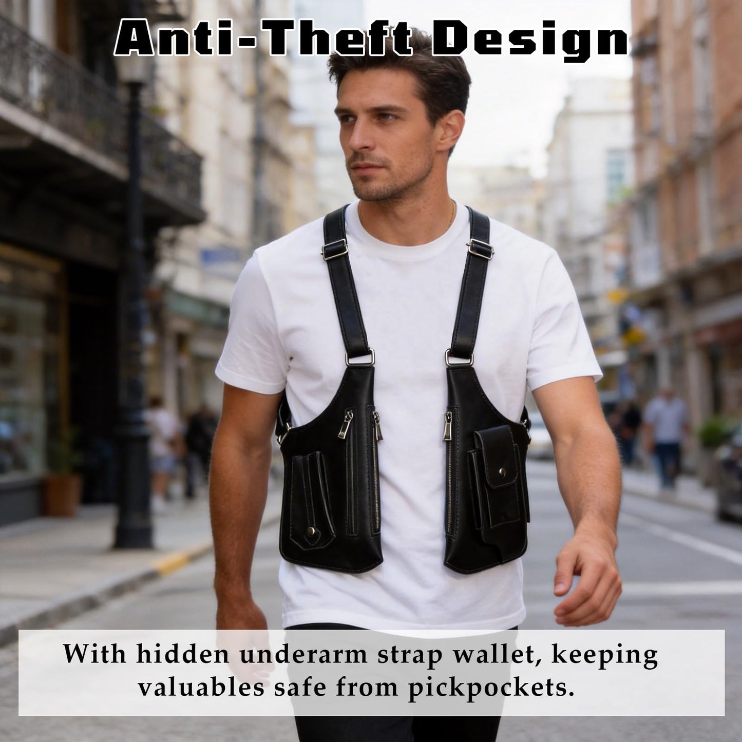 Underarm Shoulder Bag for Men, Leather Double Shoulder Armpit Bag with Adjustable Design & Multi-Pocket, Premium Wallet Holster for Outdoors, Travel (Black)