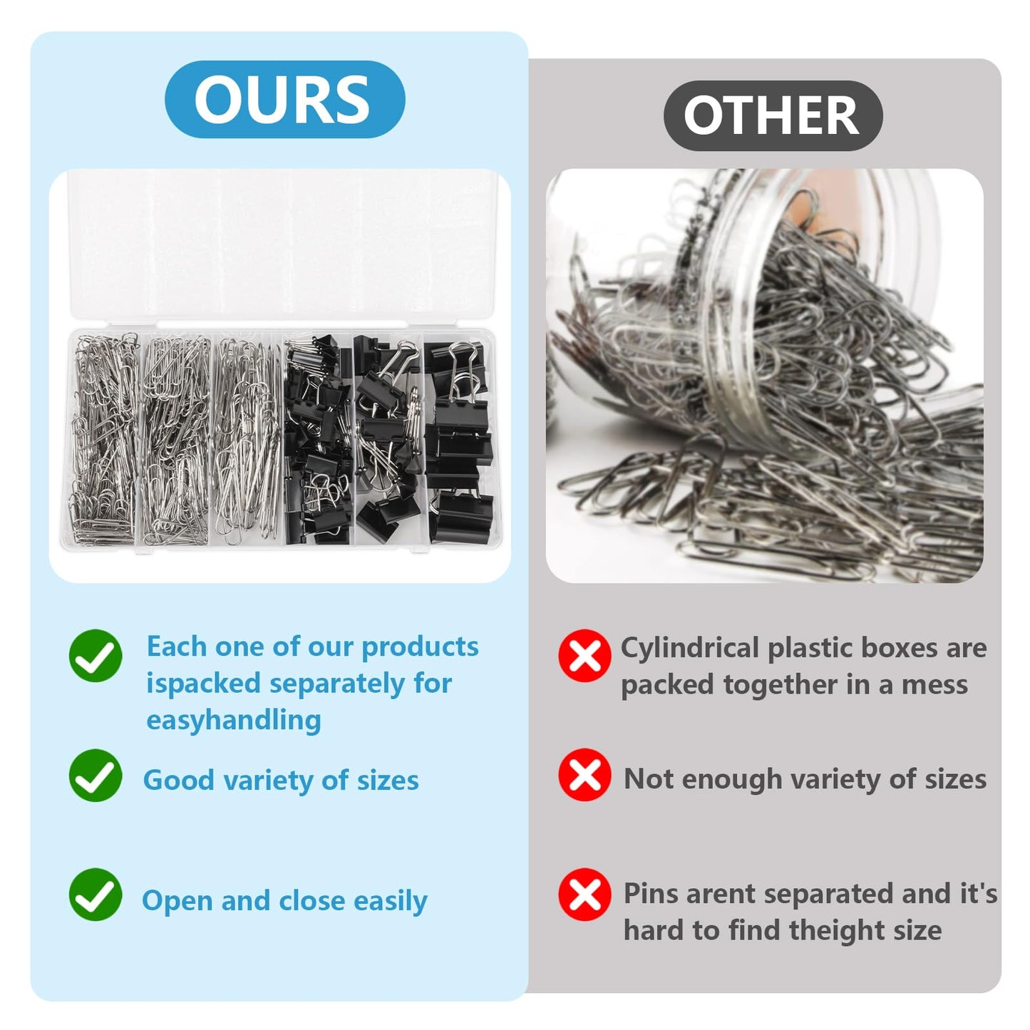 500PCS Paper Clips and Binder Clips Assorted Sizes,3 Sizes in One Pack, Large, Medium, Small,Silver PaperClips & Black Binder Clips for Home, School, Office Supplies