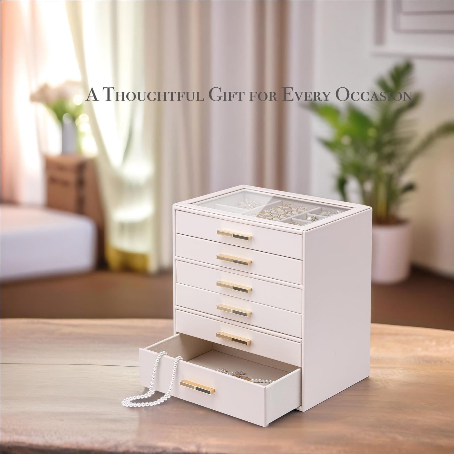 VLANDO 6-Drawer Jewelry Box with Glass Lid, Faux Leather Organizer for Rings Earrings Necklaces and More, Gift-Ready Jewelry Case for Women Girls or Moms, Pink Beige