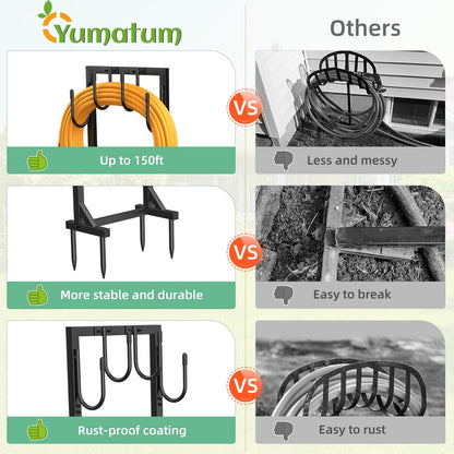 Yumatum Garden Hose Holder Reel, Upgraded Metal Hose Reels Holds 150ft Hose with 4 Large hooks, Heavy Duty Freestanding Water Hose Holders, Detachable Hose Storage Hanger for Outside