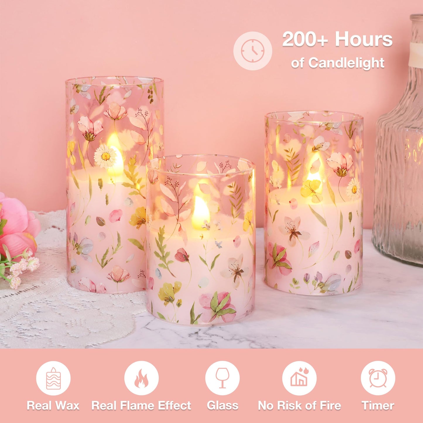 Silverstro Pink Flameless Candles with Remote Timer, Glass Battery Operated Candles, Pink Flower Decals LED Candles for Home Party Wedding Mother's Day Thanksgiving Decor Set of 3