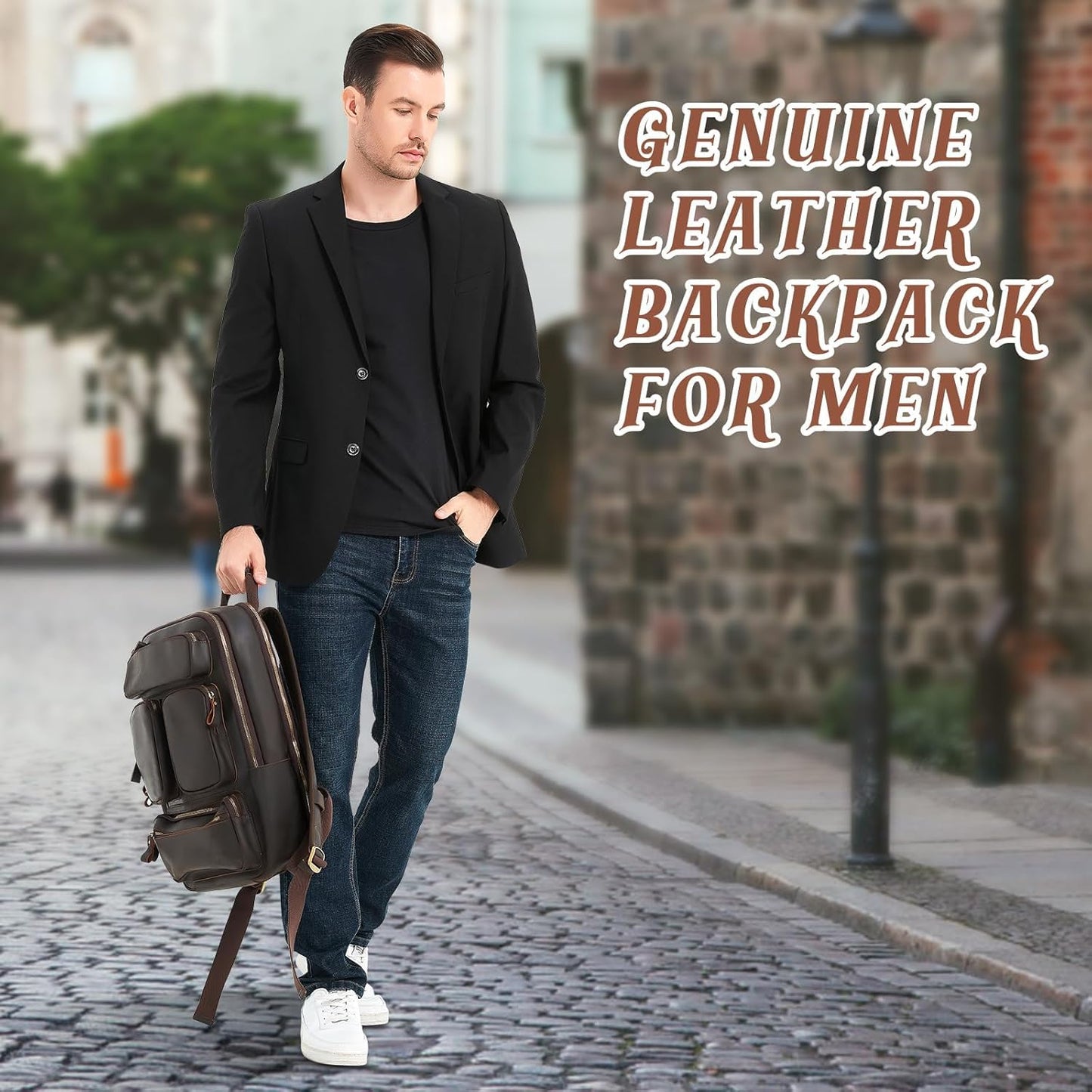 Fshsup Vintage Genuine Leather Backpack for Men 17.3" Laptop Bag Full Grain Leather Backpack Travel Weekender Hiking Shoulder Daypacks Overnight Weekender Rucksack