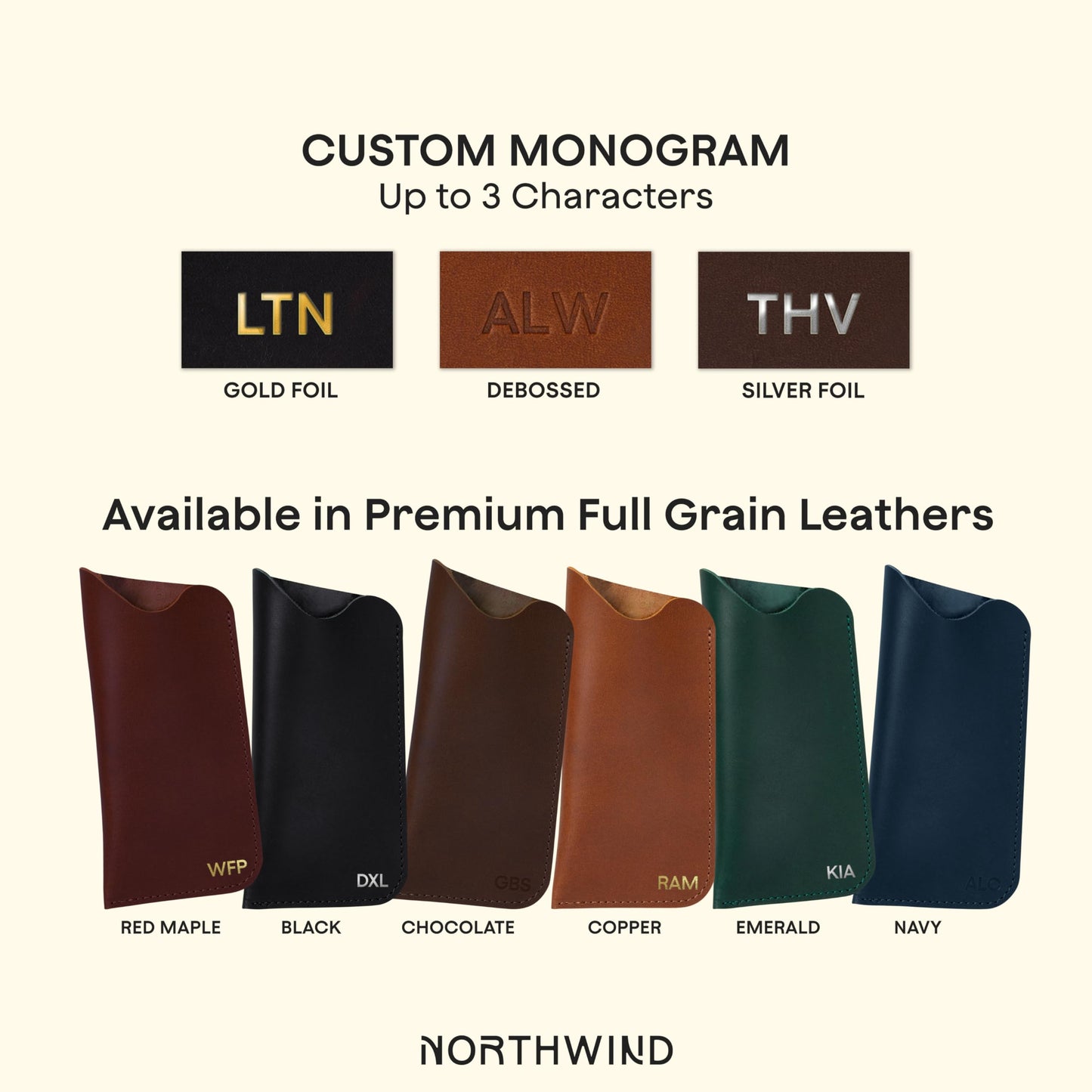 Northwind Personalized Leather Eyewear Sleeve - Made in USA Full Grain Leather Eyeglasses & Sunglasses Case Pouch with Custom Monogram Durable, Everyday, Minimalist Premium Gift for Men & Women