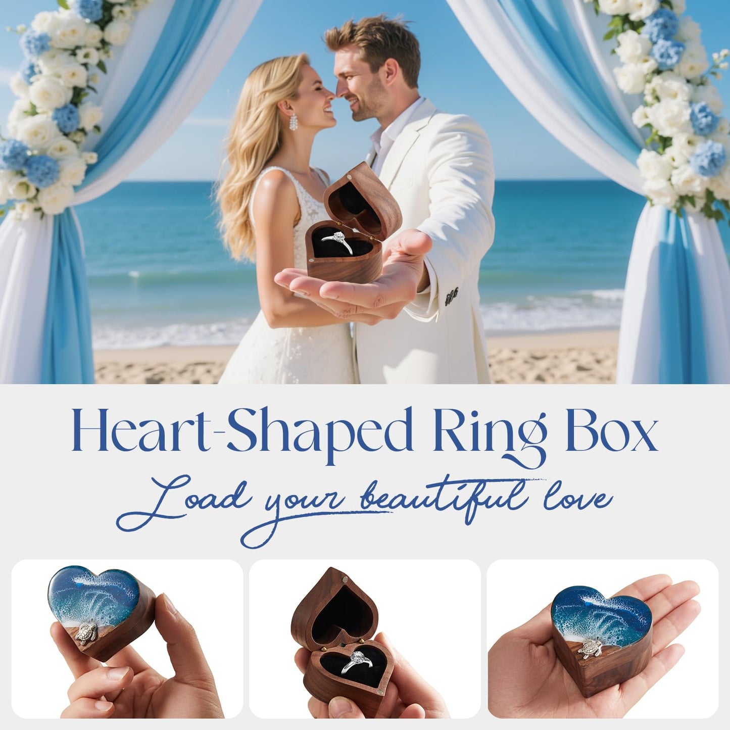 SAMAH Ocean Resin Heart Engagement Ring Box, Personalized Walnut Wooden Ring Box, Ring Display Box for Proposal, Wedding, Anniversary, Valentine's Day, Christmas, Birthday Gifts for Women