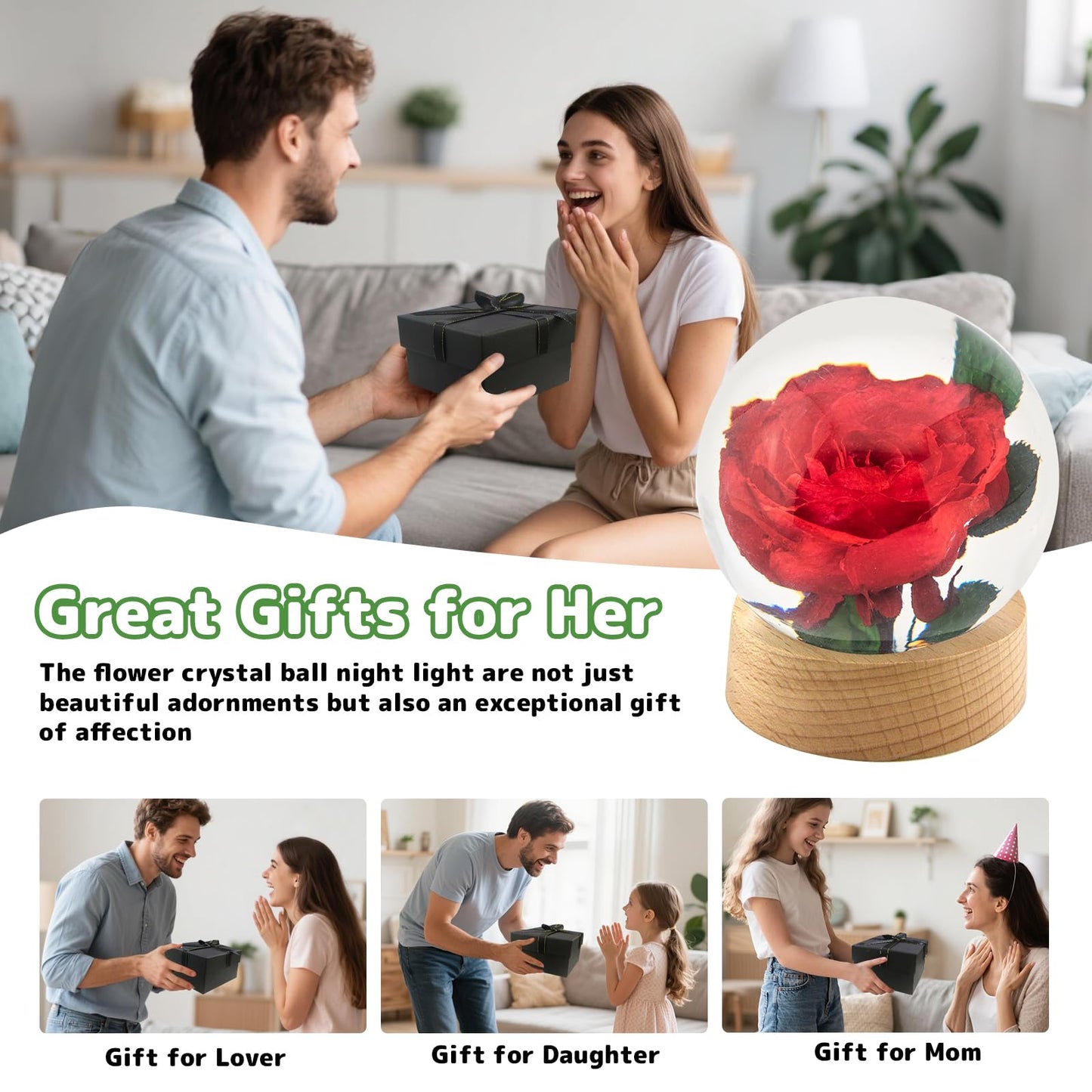 QNCMBUG Blue Rose Crystal Ball Night Light - Real Rose Encased in Glowing Resin Ball, USB-Powered Desk Lamp with Wood Base, Unique Gift for Valentine's Day, Mother's Day & Home Decor