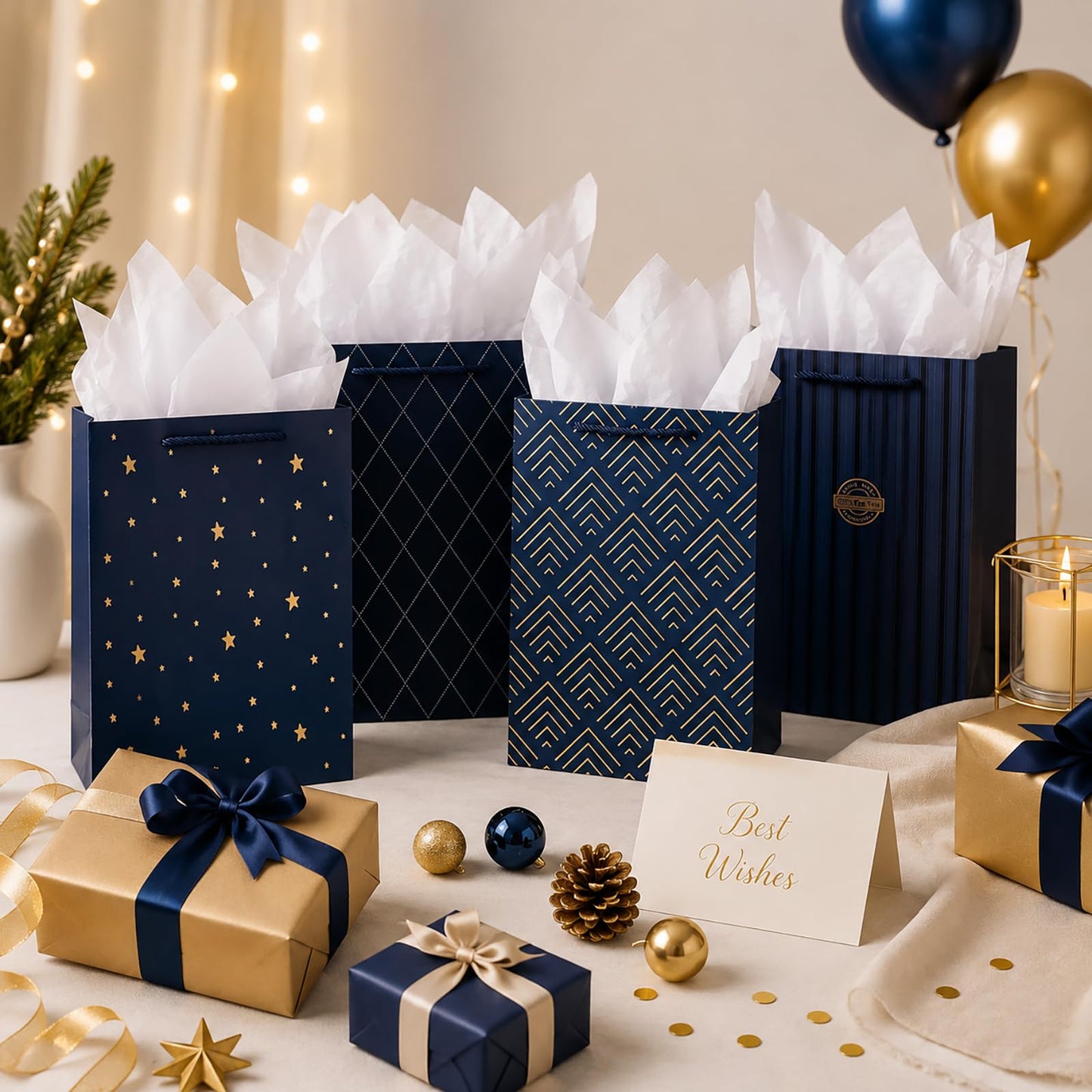 SHIPKEY Gift Bags, 10 Pack Navy Blue with Gold Foil Stars, Kraft Paper Bags with Handles, Bulk for Men, Groomsmen, Christmas Gifts, 8x4x11inch, Includes Tissue Paper