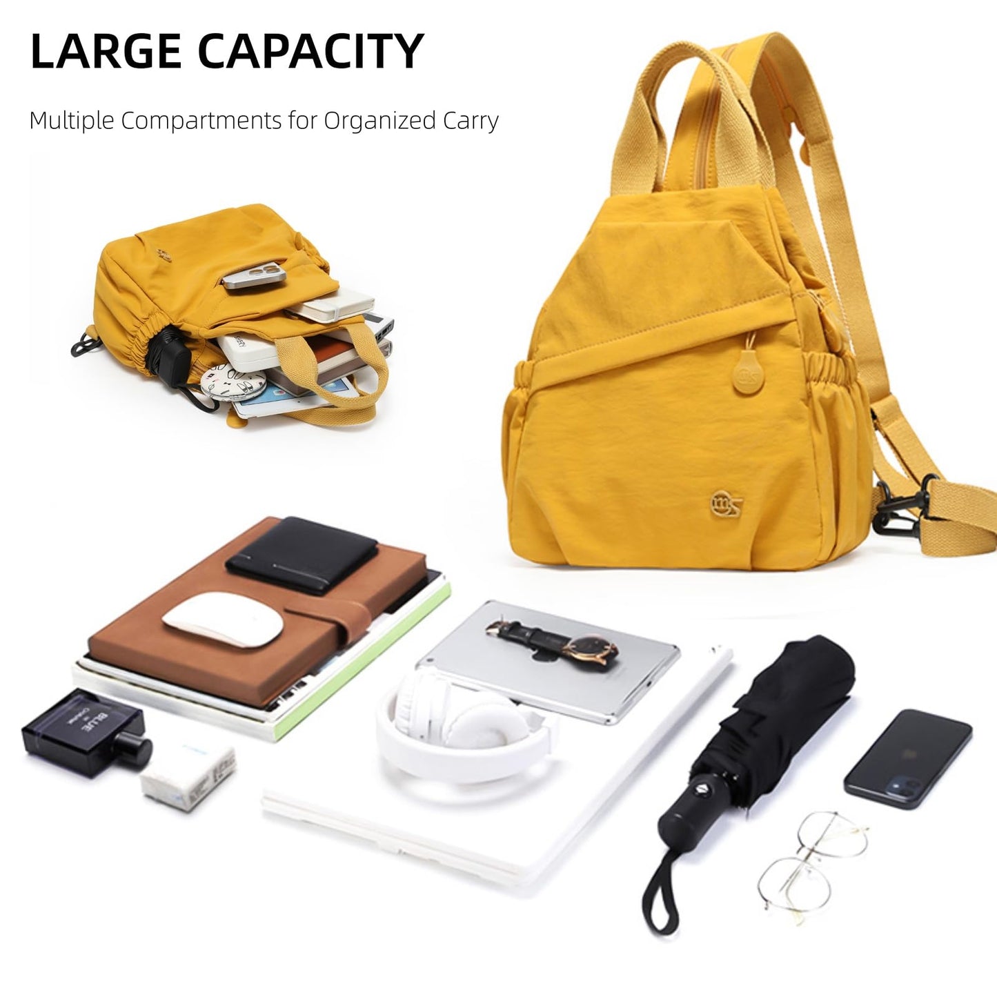 Wafybsre Convertible Sling Backpack for Women, Water-Resistant Lightweight Nylon Pack Hiking Travel Bag (Yellow)