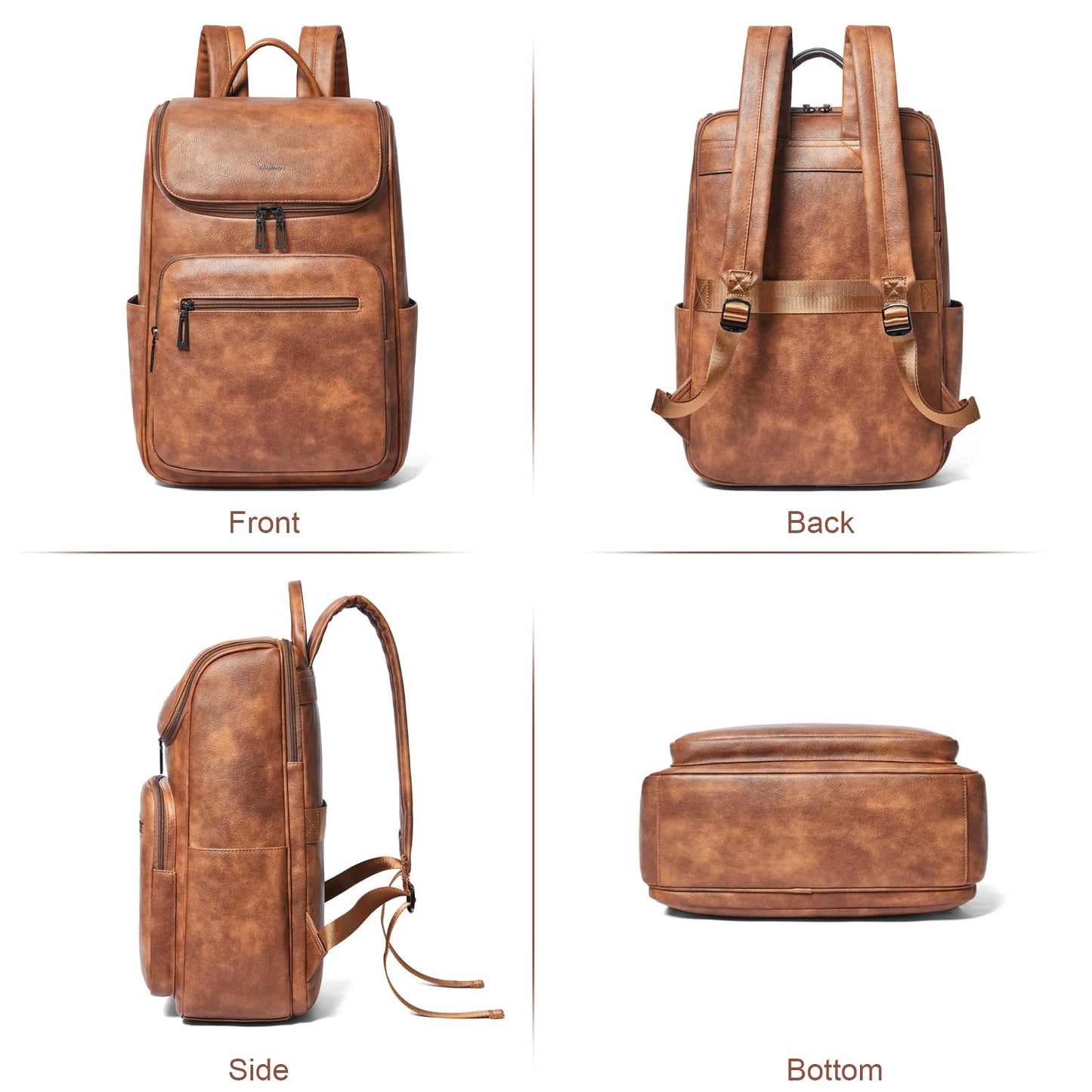 tiamyi leather travel backpack for men and women, flap top laptop backpack fits 17.0 inch computer with luggage strap and separate padded compartment, brown