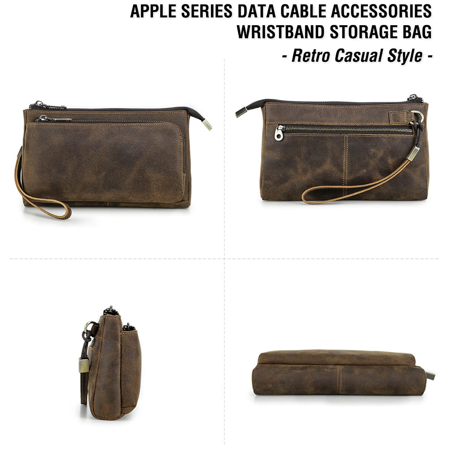 CataPurus Electronic Organizer Zipper Bag Tech Kit, Top Grain Leather Handmade, Portable Compact Travel Apple Accessories Storage Pouch Fits Phone, USB Cables, Power Banks, Chargers, Hard Drive