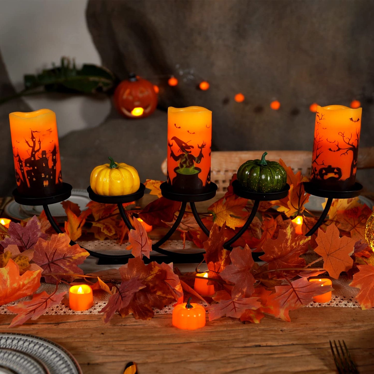 Homemory Halloween Candles, Orange Flameless Candles, Real Wax Flickering Battery Operated LED Pillar Candles with Remote Timers for Halloween Spooky Decoration, Day of The Dead, 3”x6”, Set of 3