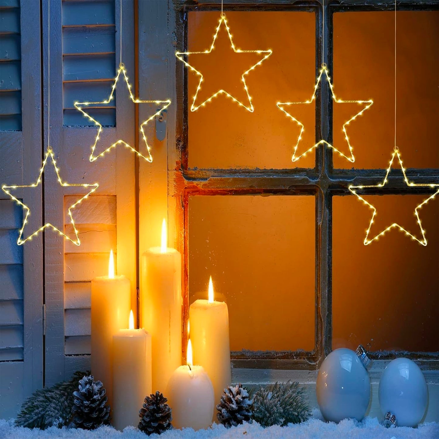 wominoy LED Christmas Window Star Decoration - 5 Pack 200 Hanging Star Lights Battery Operated 8 Modes with 5 Remote Controls for Indoor, Outdoor Christmas Window Decorations, Porch, Warm White