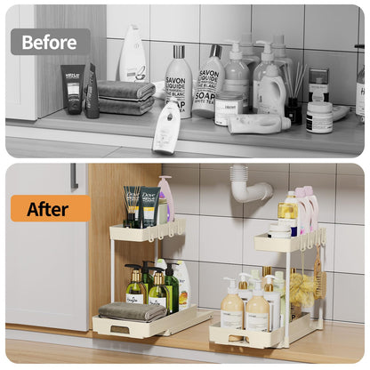 Delamu 2 Pack Under Sink Organizers and Storage, 2 Tier Pull Out Bathroom Cabinet Organizer, L-Shape Black Under Bathroom Kitchen Sink Organizer with Drawer for Under Sink Storage Organizer