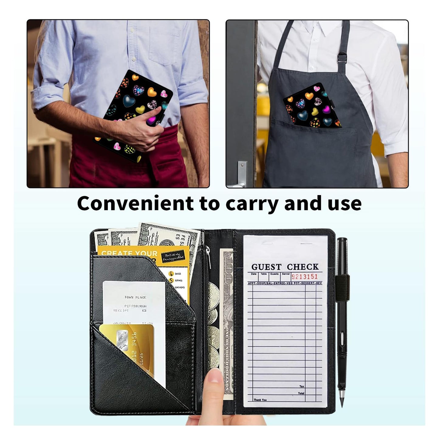 RAUEDWDJS Server Book for Waitress with Everlasting Pencil, Money Pocket Leather Wallet Booklet, Guest Check Receipt Holder Presenters, Waiter Accessories Fit Server Apron-Lovely Little Loves