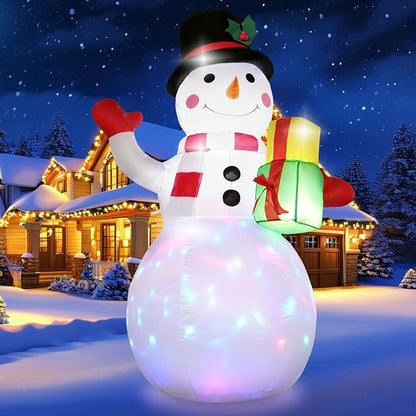 5FT Christmas Inflatables Snowman with Gift Box & Rotating Lights, Blow Up Snowman Outdoor Decoration LED Lighted Snow Man Christmas Decor for Yard Patio Garden Lawn Xmas Holiday Indoor Party