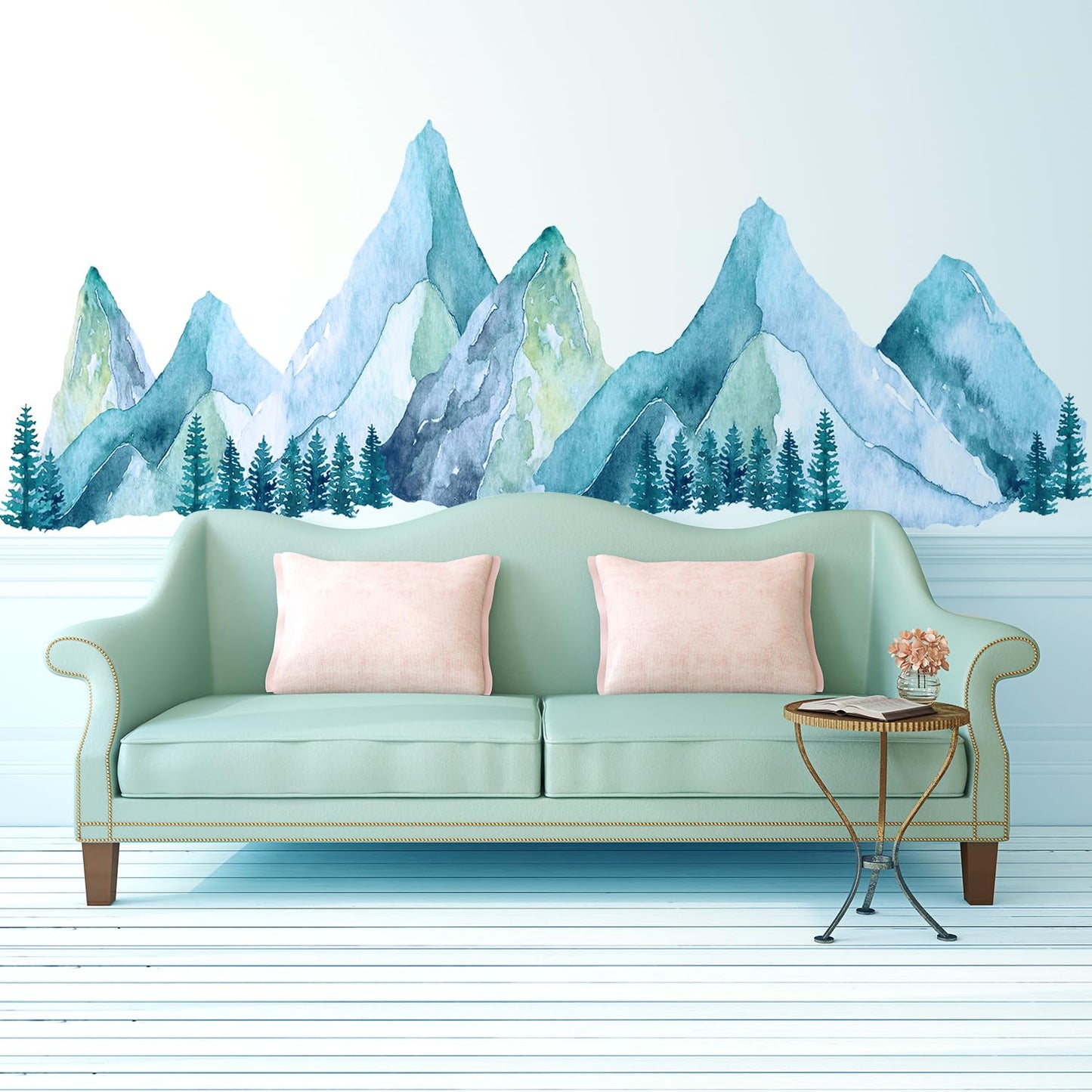 Large Mountain Wall Decals, Blue Pine Tree Peel and Stick Vinyl Wall Stickers & Murals, Removable Home Room Wall Decor for Bedroom Living Room Bedroom Classroom Office Nursery