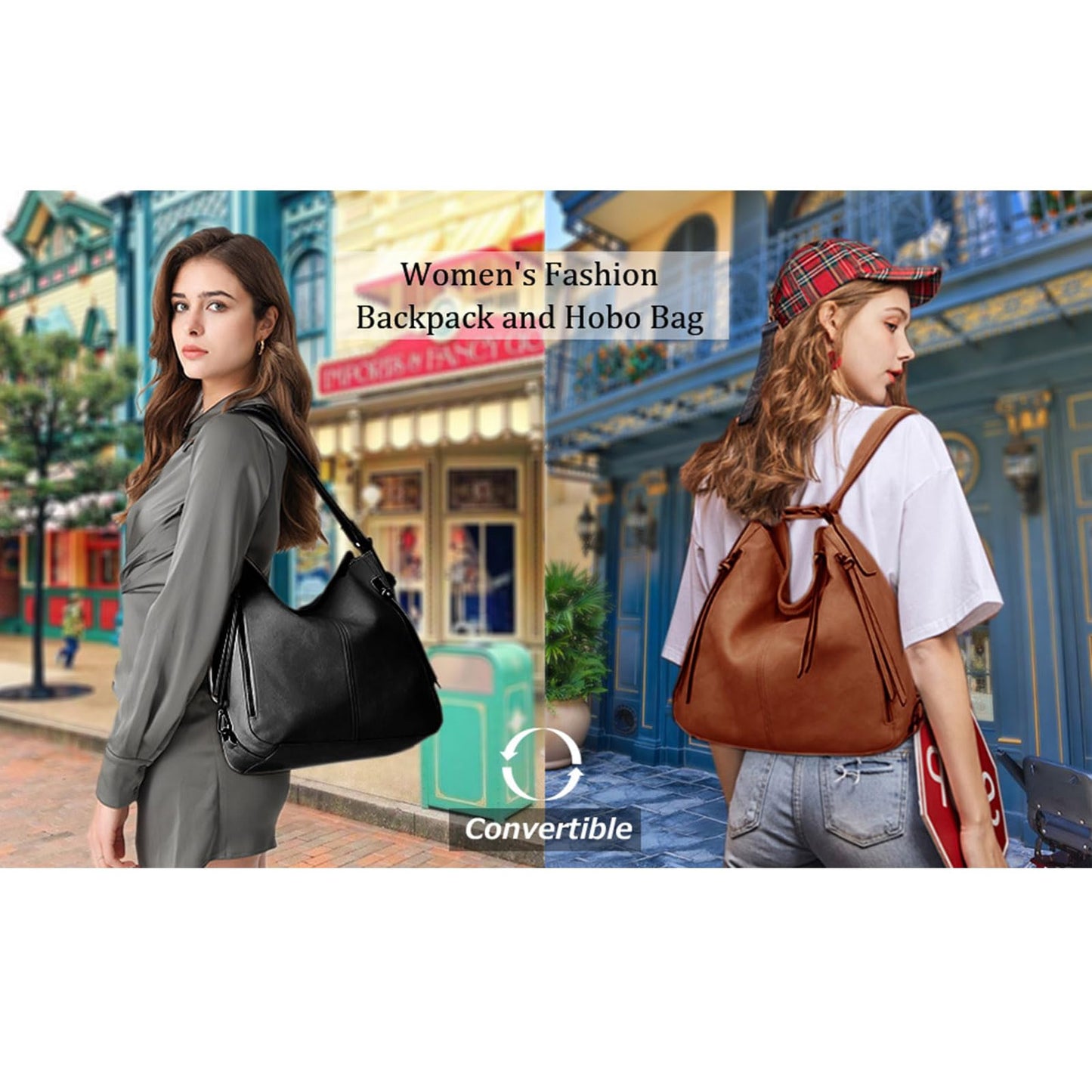 Tote Handbags for Women Convertible Backpack Purses PU Leather Hobo Bags Crossbody Shoulder Bag Satchel Purse Set 3pcs, Black