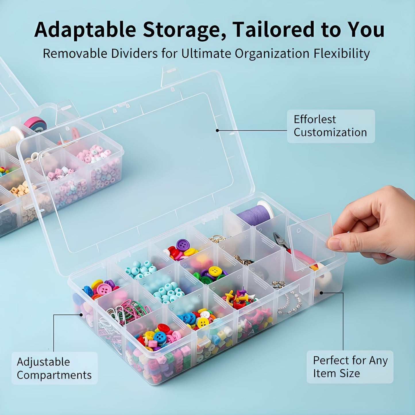 Umirokin 2 Pack 15 Grids Clear Plastic Organizer Box with Adjustable Dividers, Craft Storage Containers for Jewelry, Beads, Screws, Tackle Box, Washi Tapes, Small Parts Organizer for Arts and Crafts