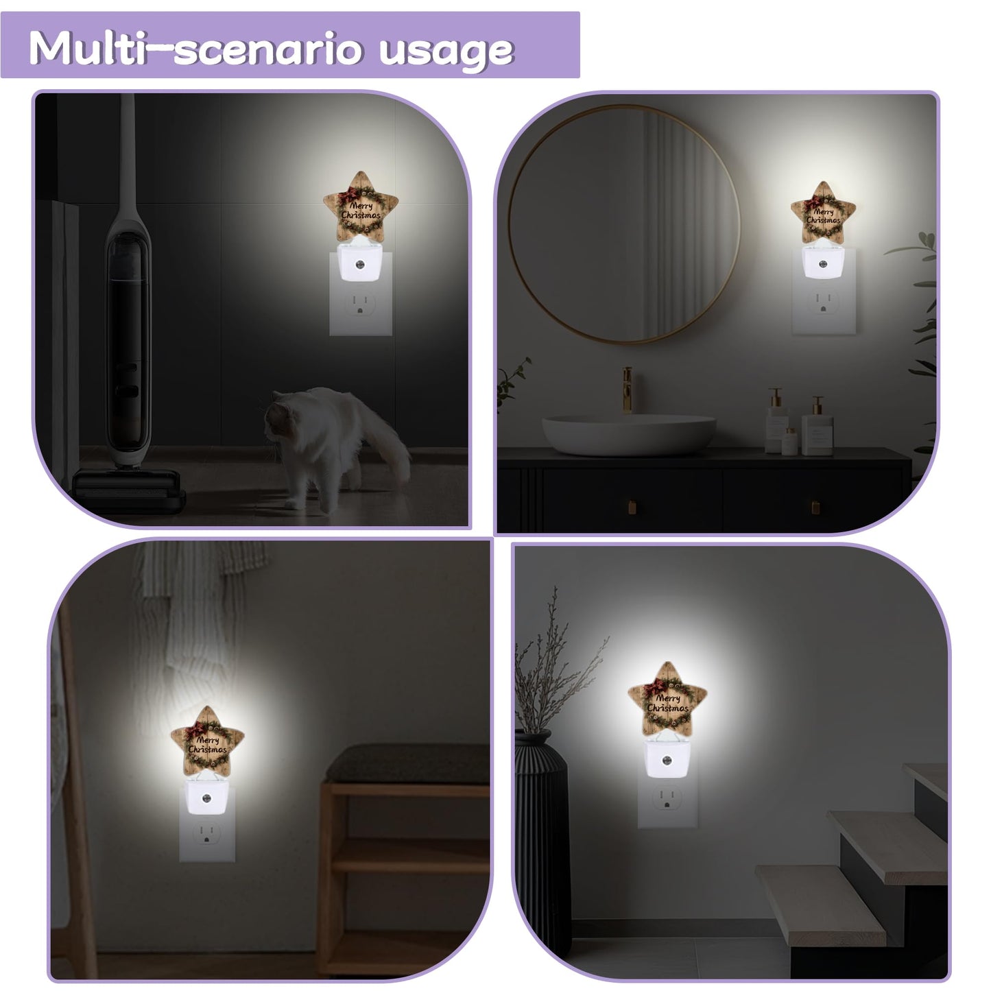 Merry Christmas Nightlights Plug in Wall,Rustic Wooden Decorative Star Lamp with Automatic Lighting for Living Space,Gentle Glow for Kids Room,Hallway,Bathroom